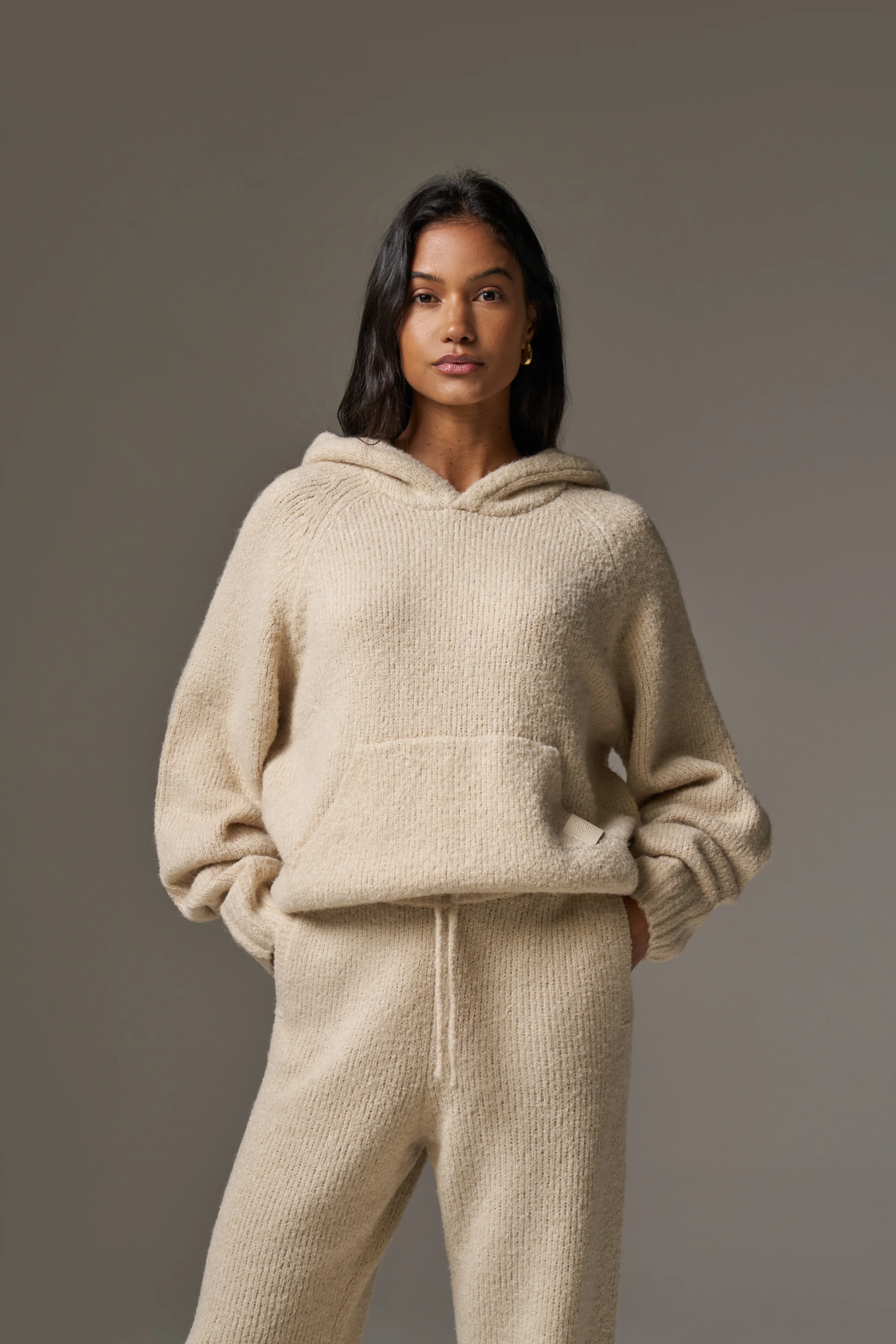 BOUCLE KNIT HOODIE - STONE - Image 3