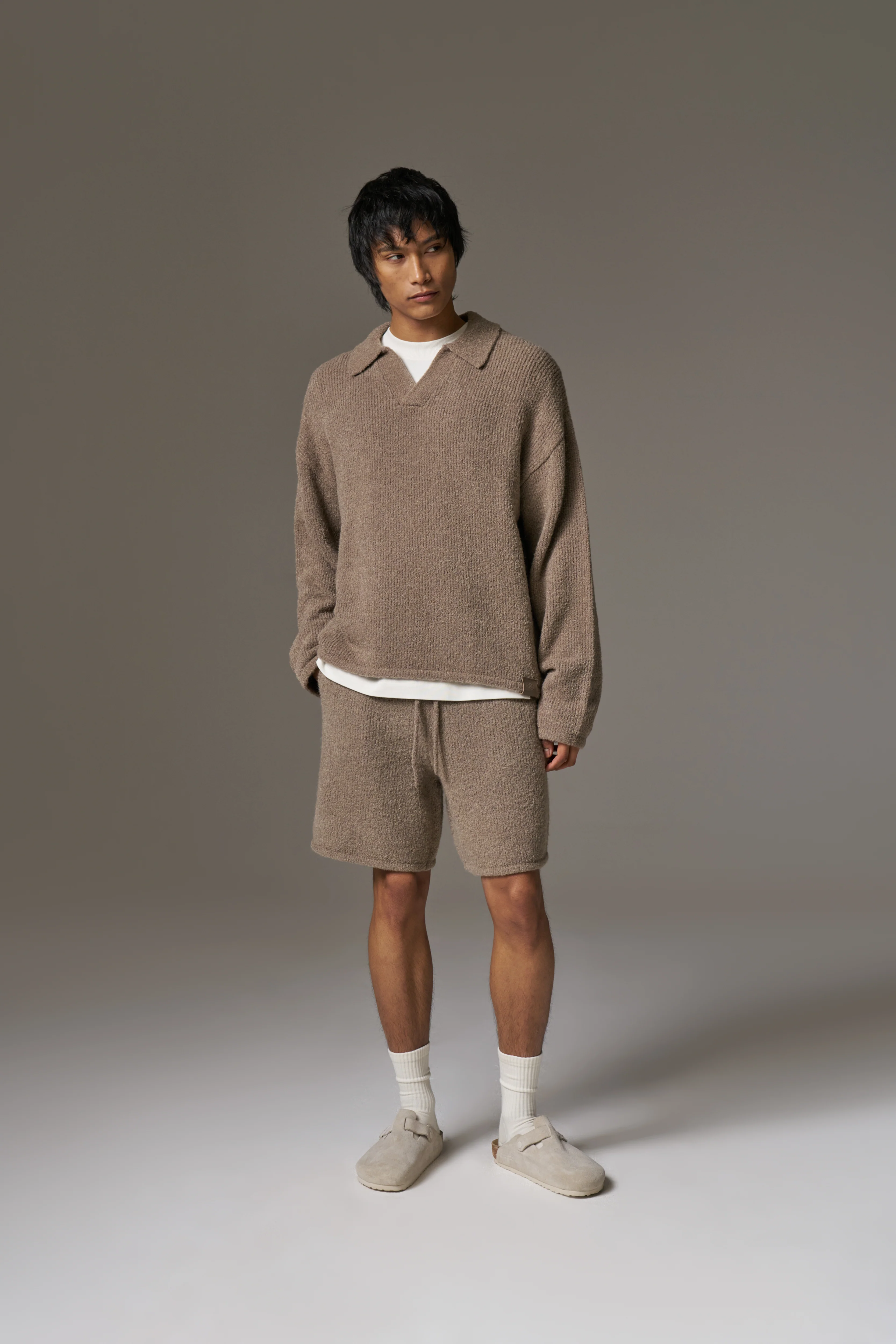 BOUCLE KNIT LONG SLEEVE POLO - BROWN - Image 10
