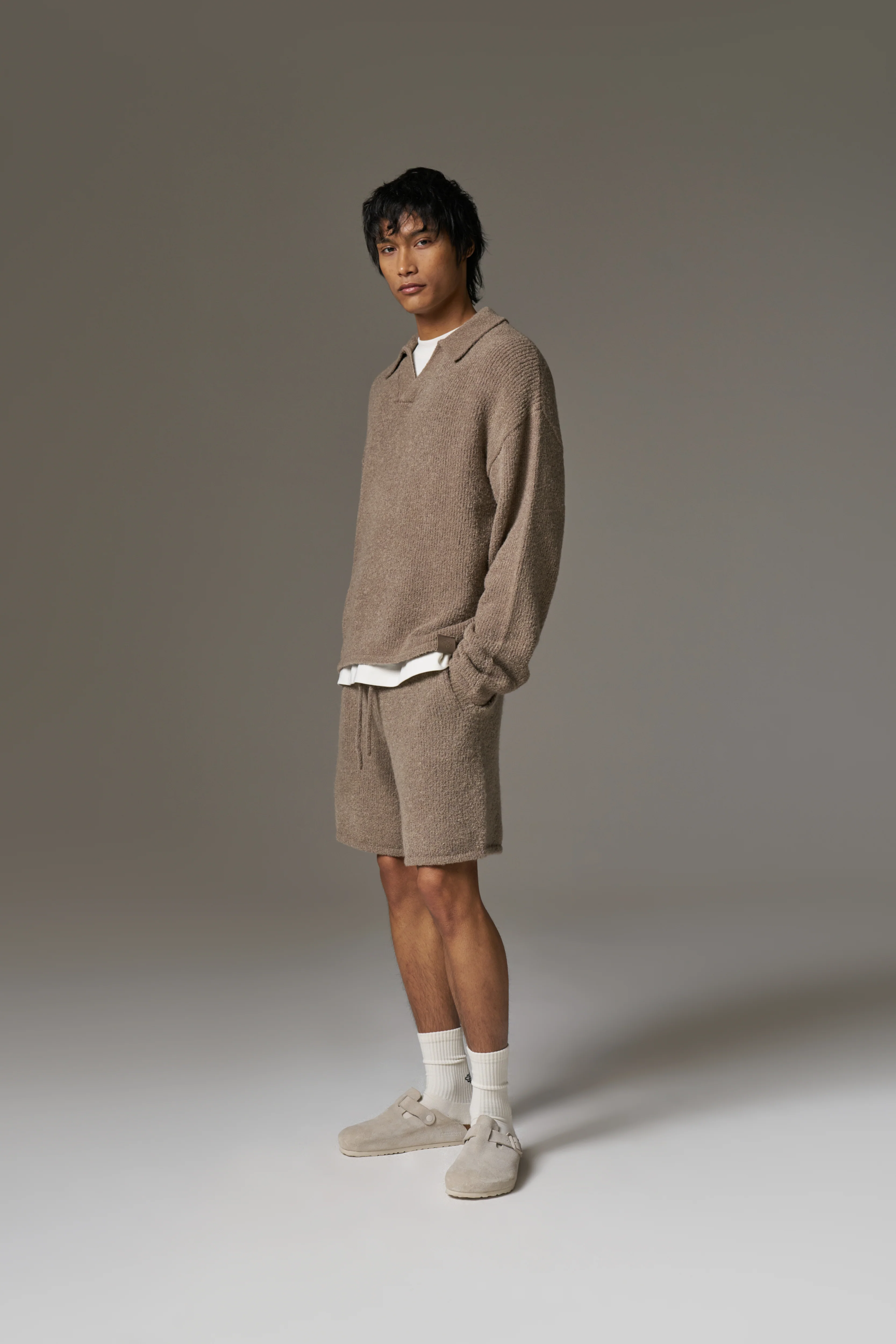 BOUCLE KNIT LONG SLEEVE POLO - BROWN - Image 4
