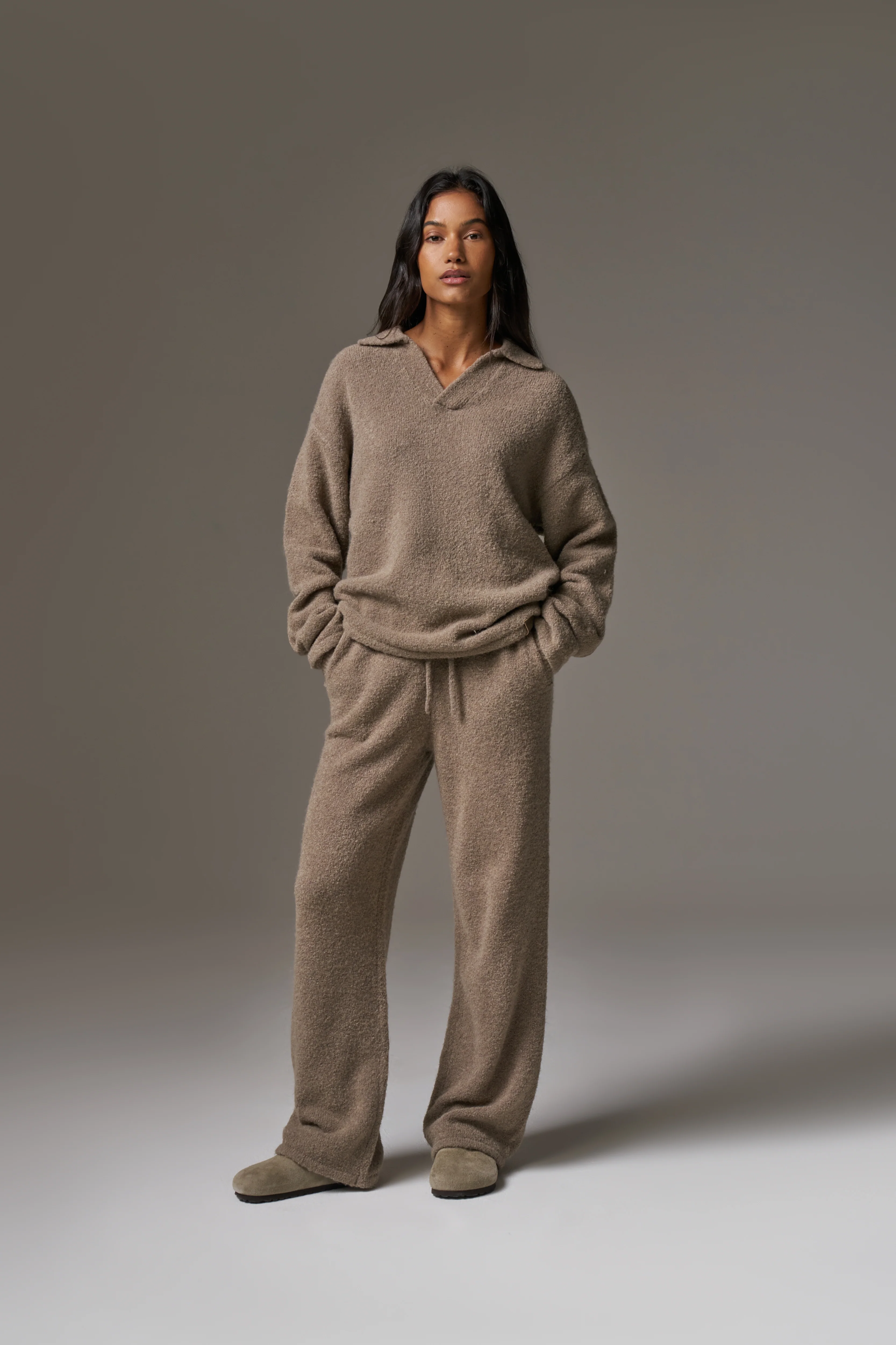 BOUCLE KNIT LONG SLEEVE POLO - BROWN - Image 5