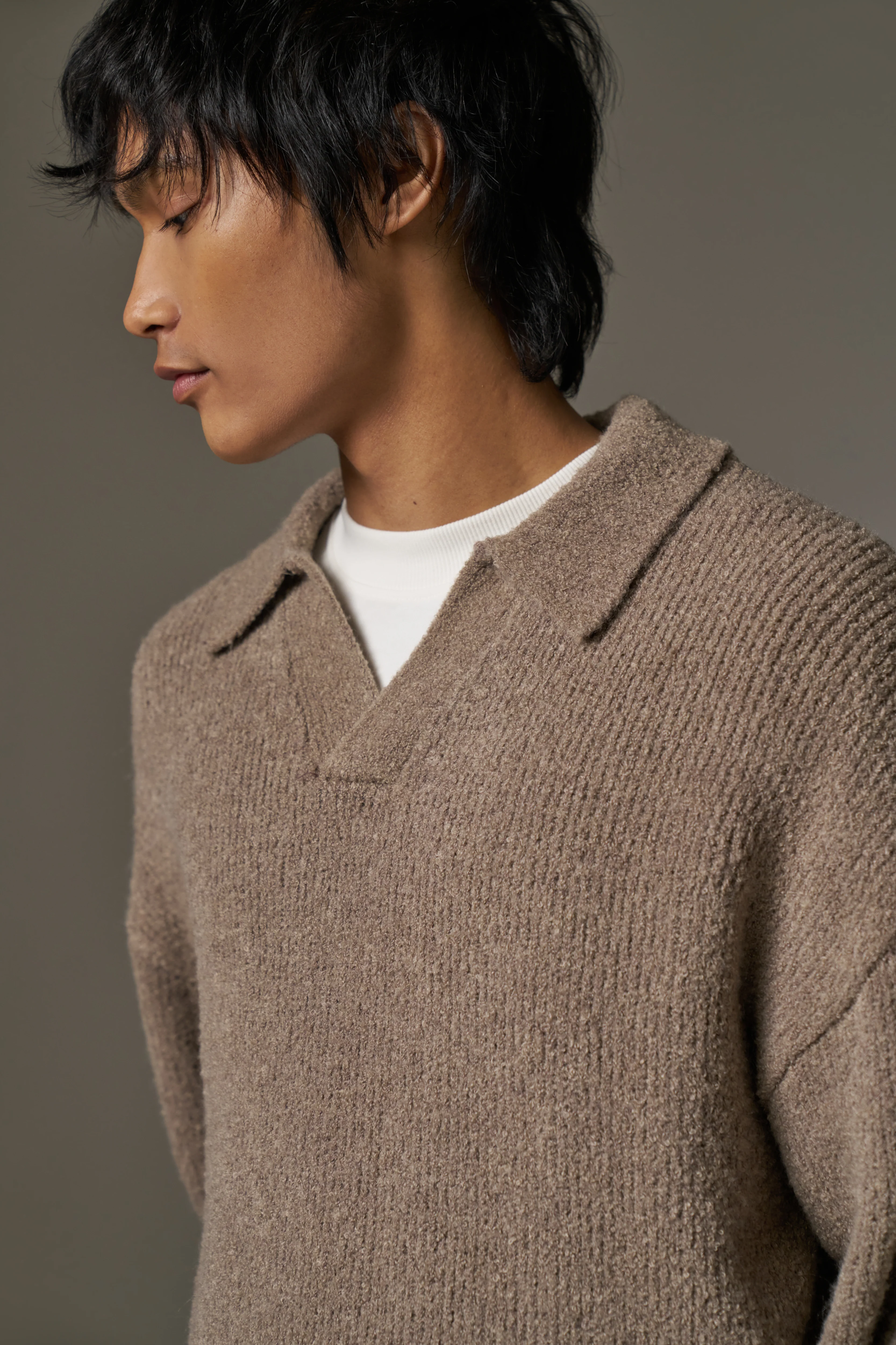 BOUCLE KNIT LONG SLEEVE POLO - BROWN - Image 6