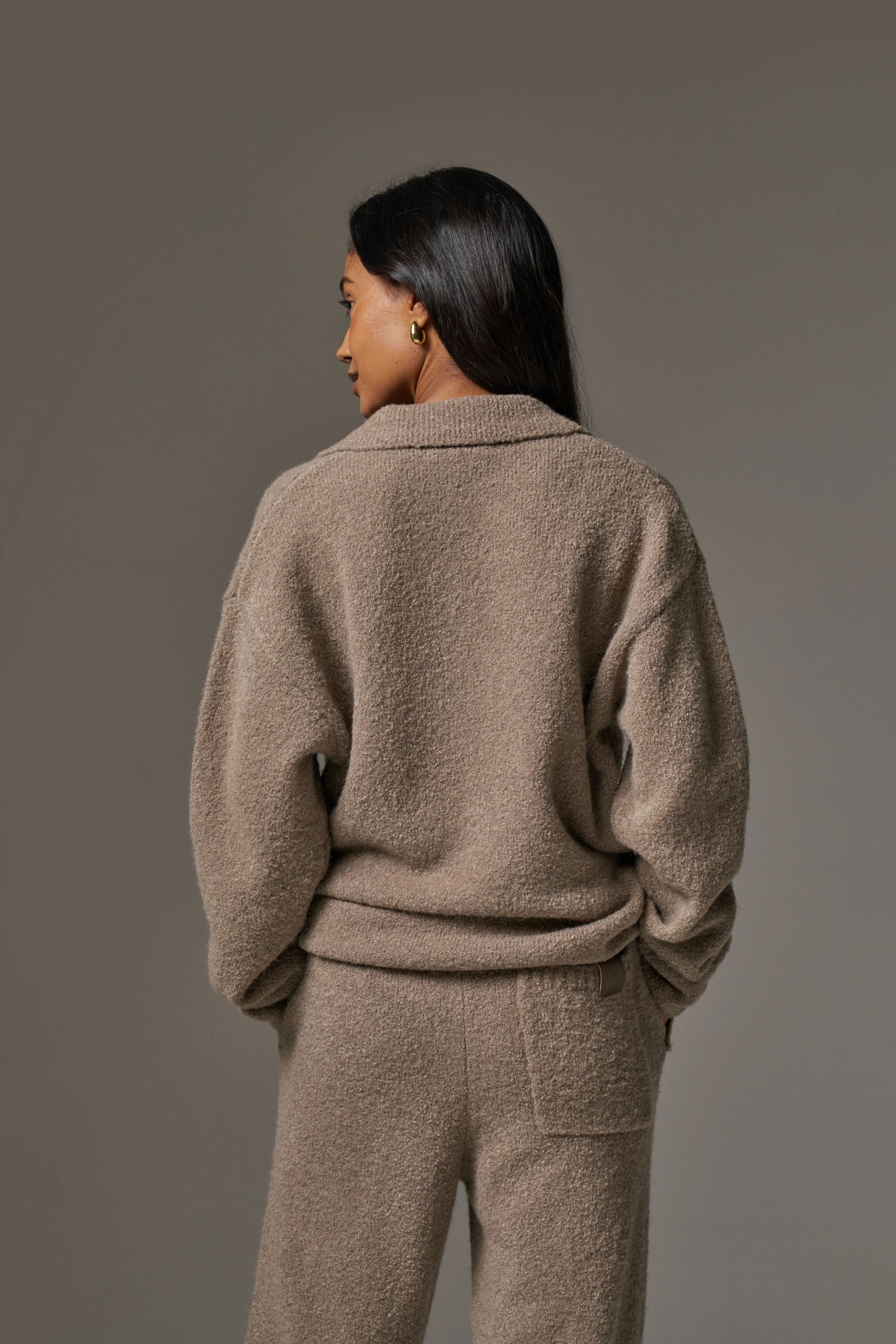 BOUCLE KNIT LONG SLEEVE POLO - BROWN - Image 9