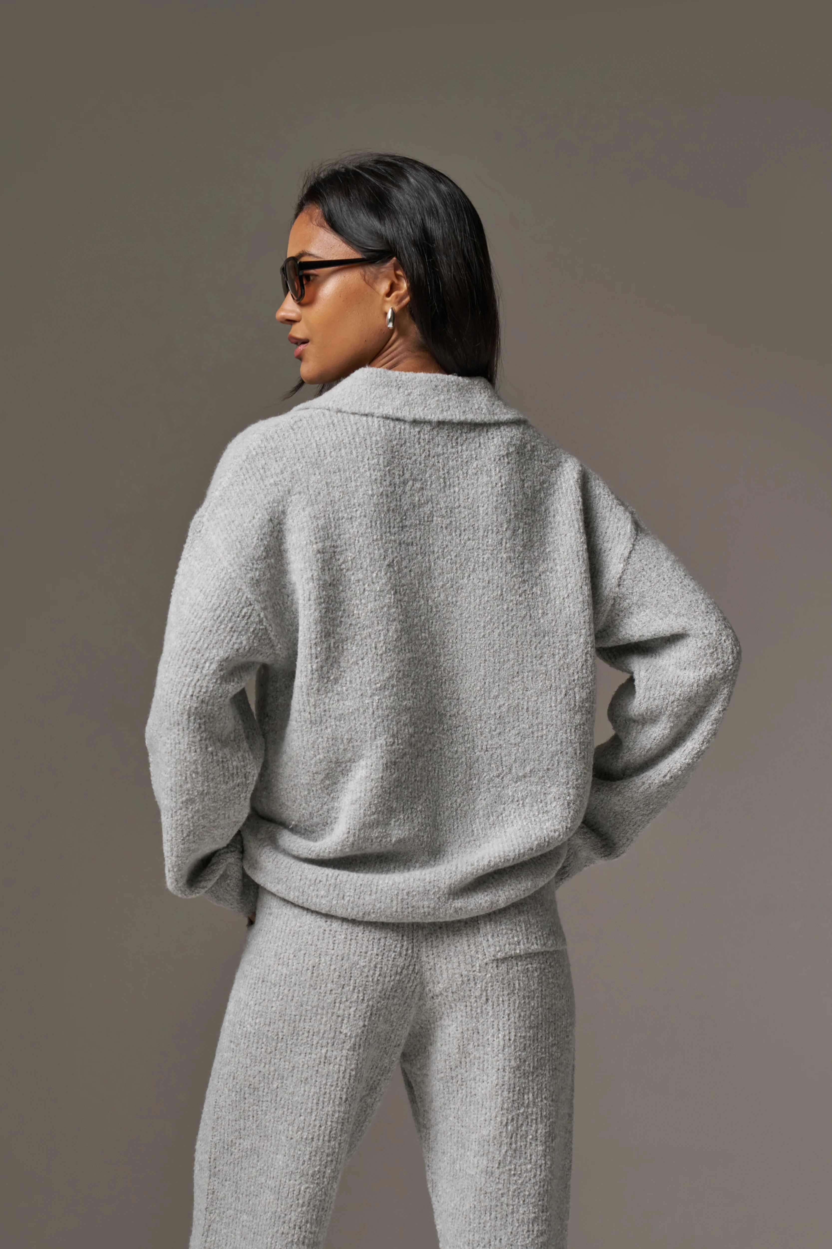 BOUCLE KNIT LONG SLEEVE POLO - GREY MARL - Image 11