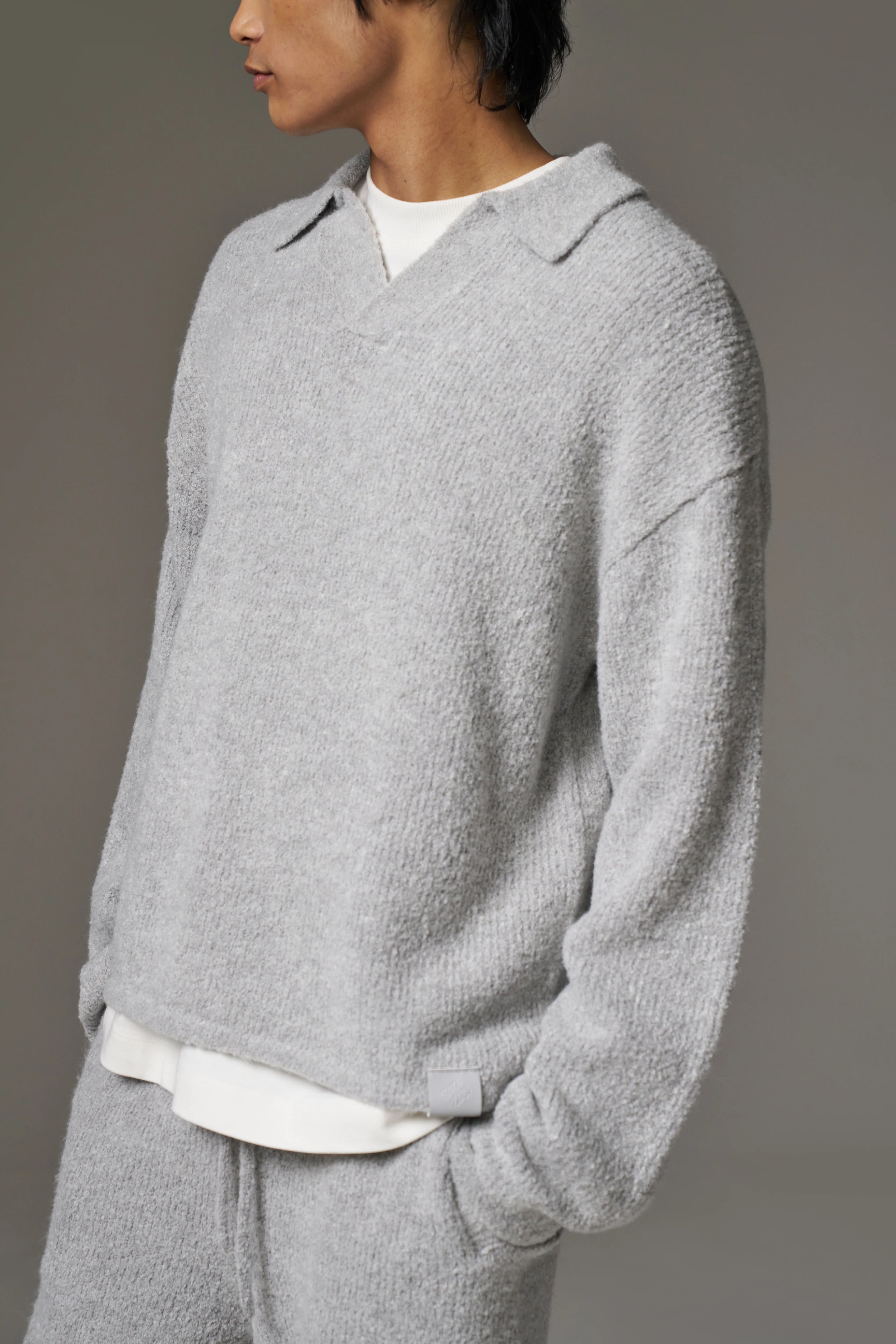BOUCLE KNIT LONG SLEEVE POLO - GREY MARL - Image 7