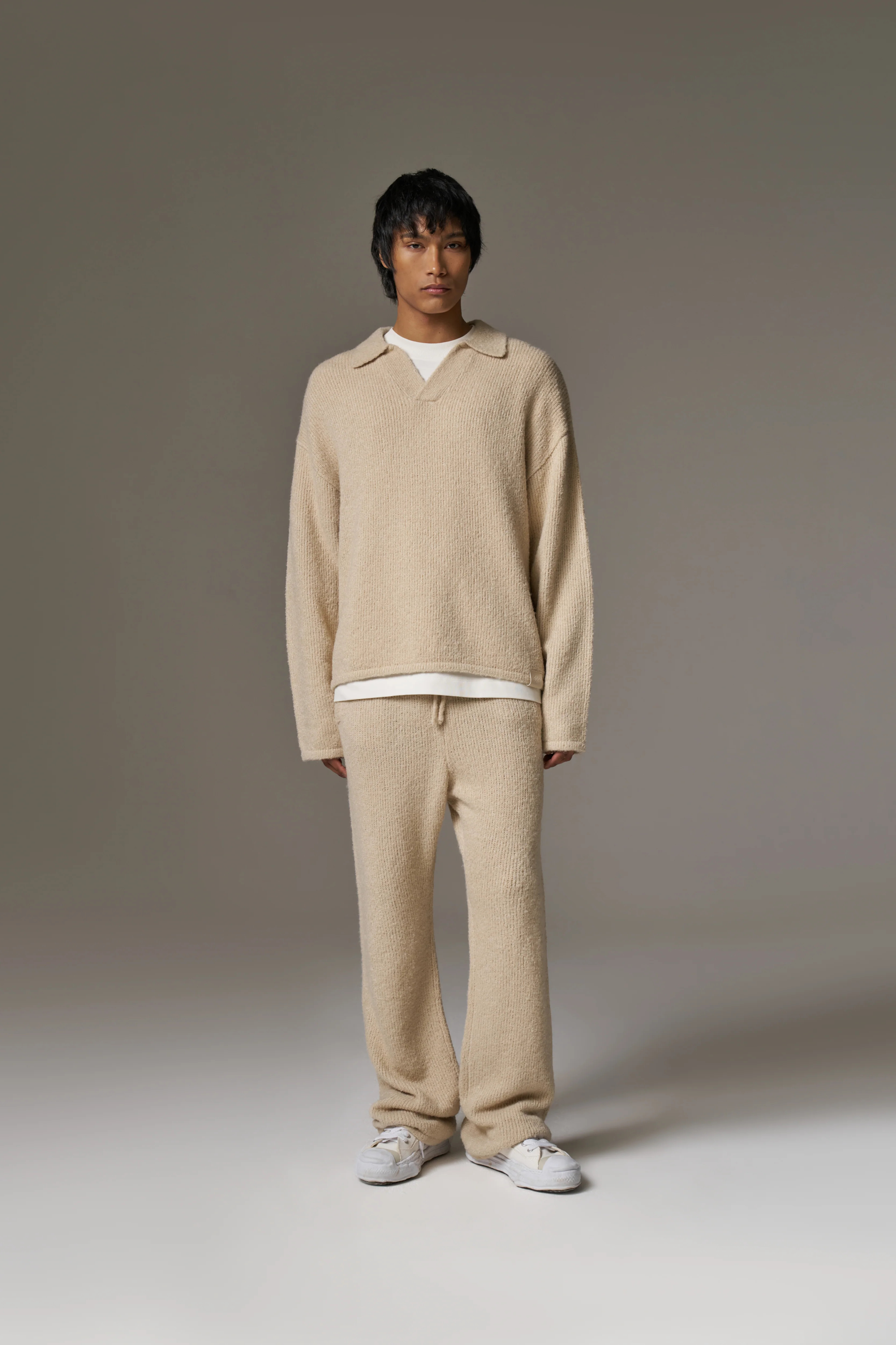 BOUCLE KNIT LONG SLEEVE POLO - STONE - Image 4