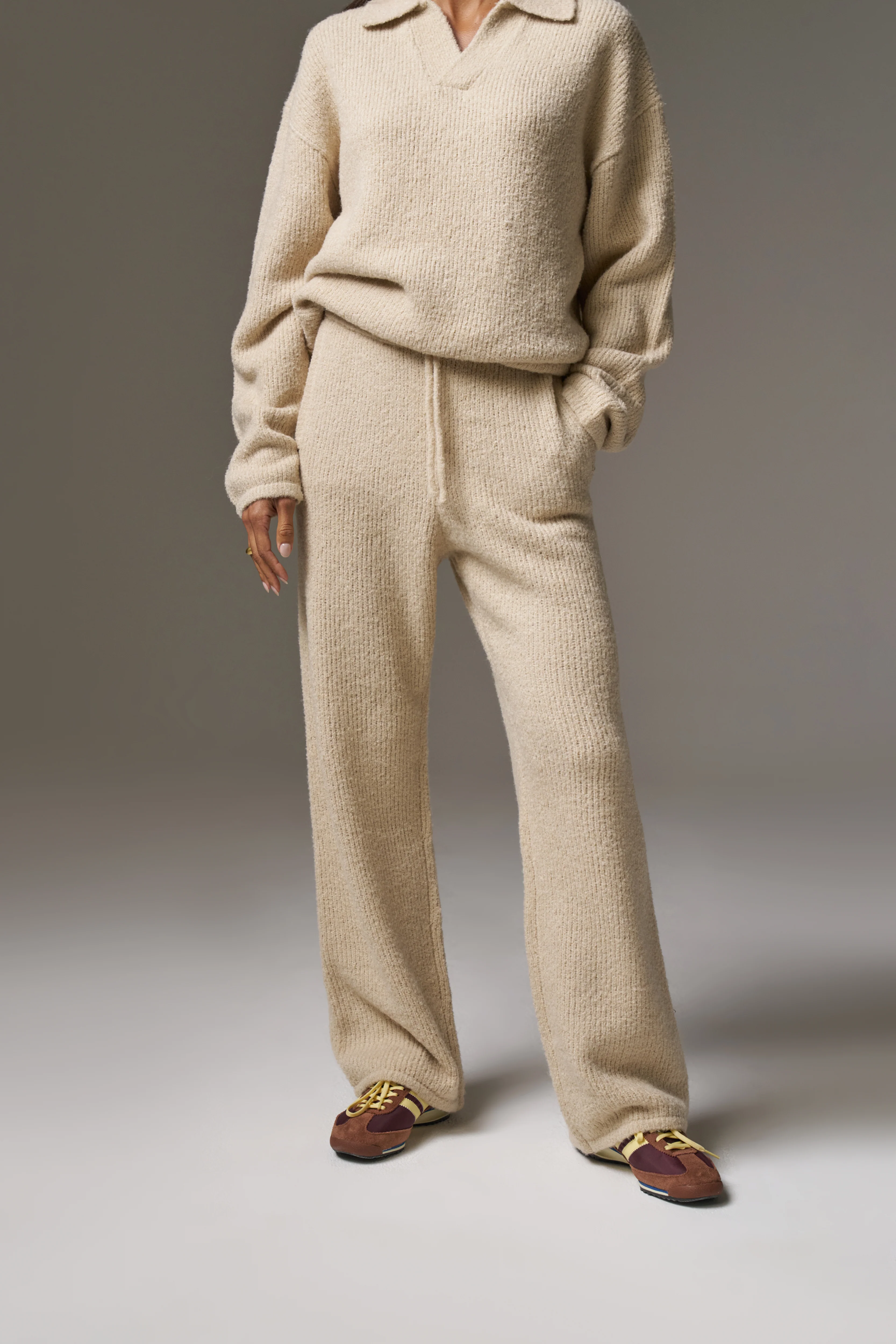 BOUCLE KNIT PANTS - STONE - Image 3