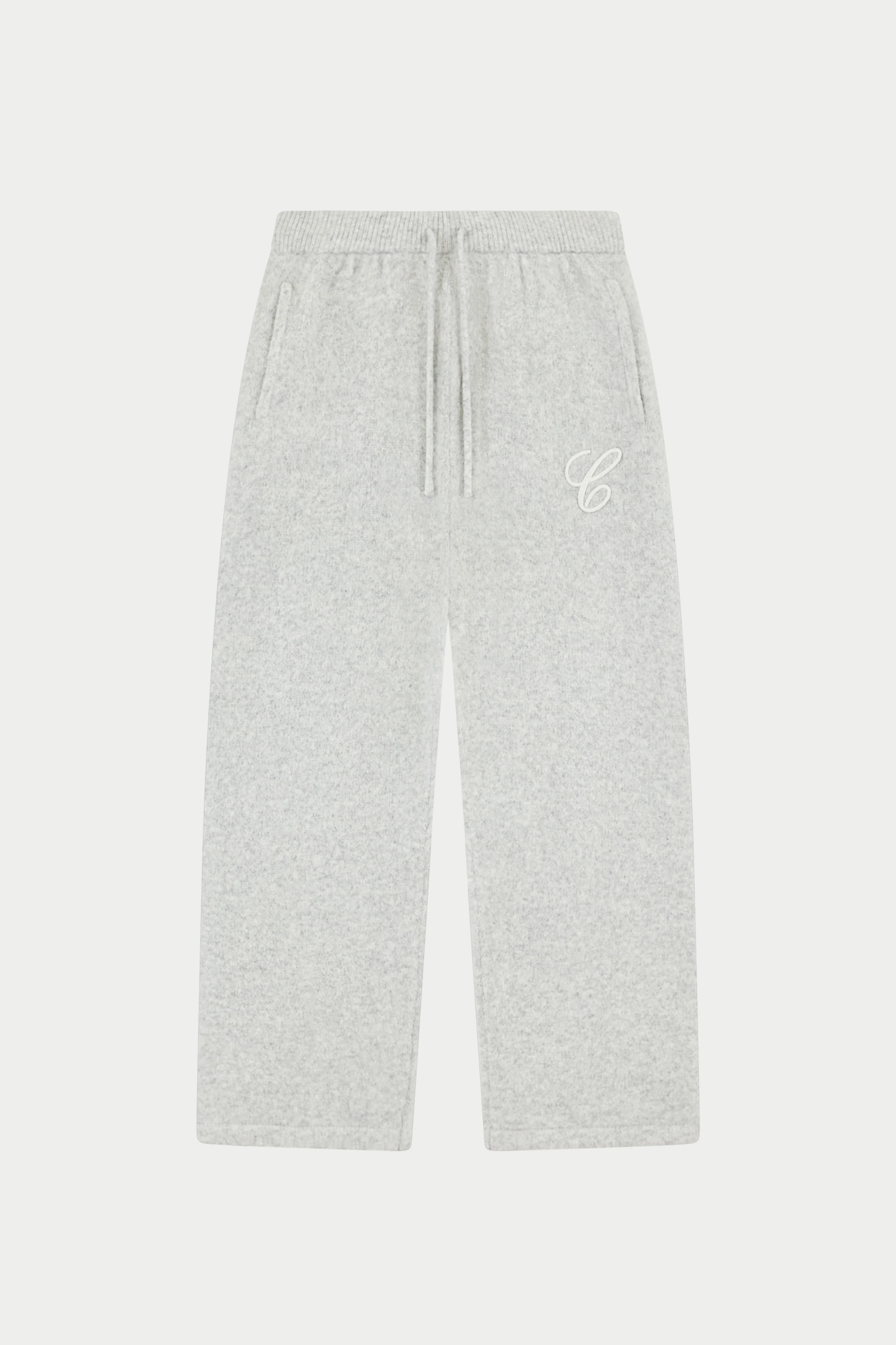 CHAINSTITCH EMBROIDERY KNITTED BARREL LEG JOGGERS - GREY