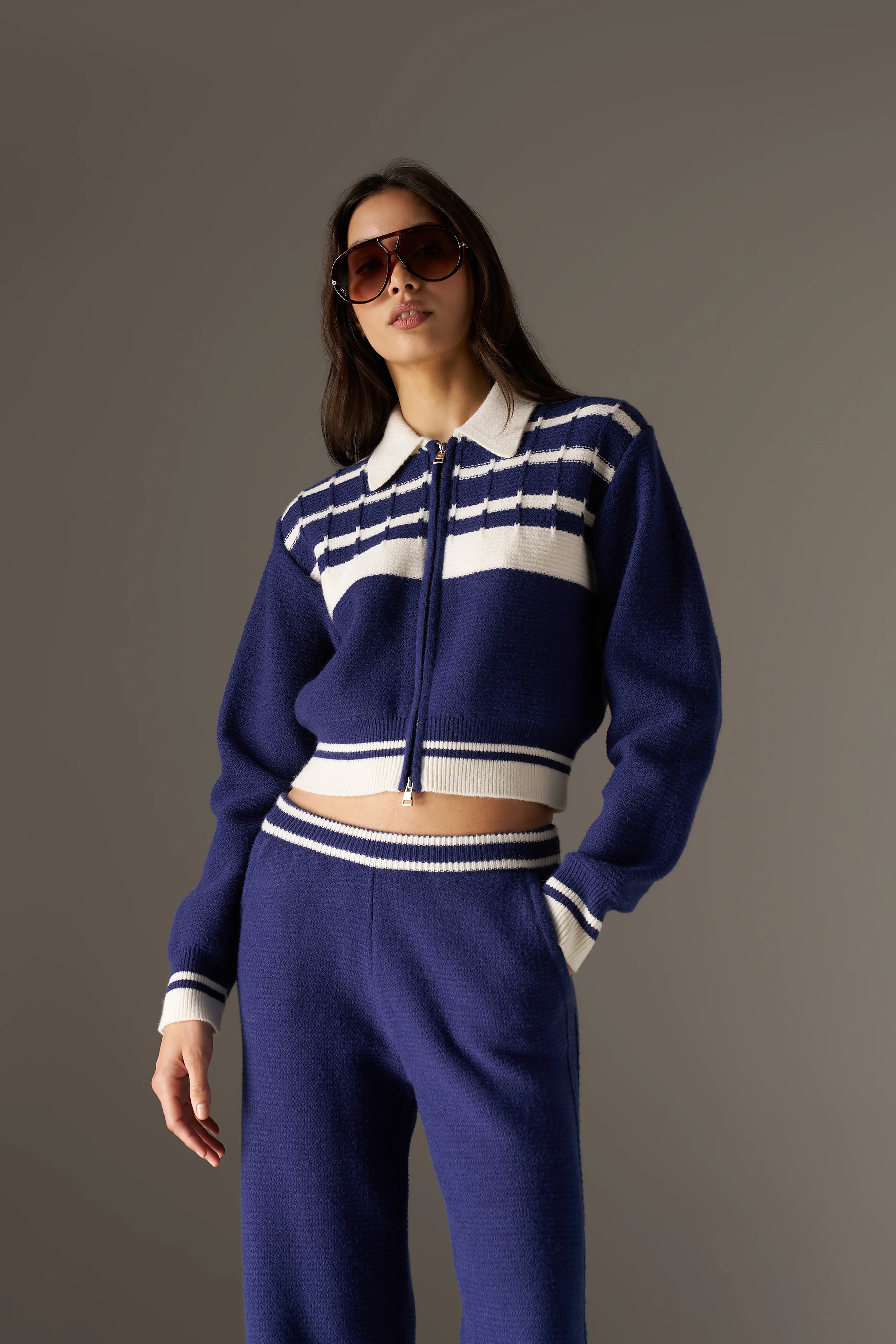 CONTRAST STRIPE KNITTED ZIP THROUGH - NAVY - Image 5