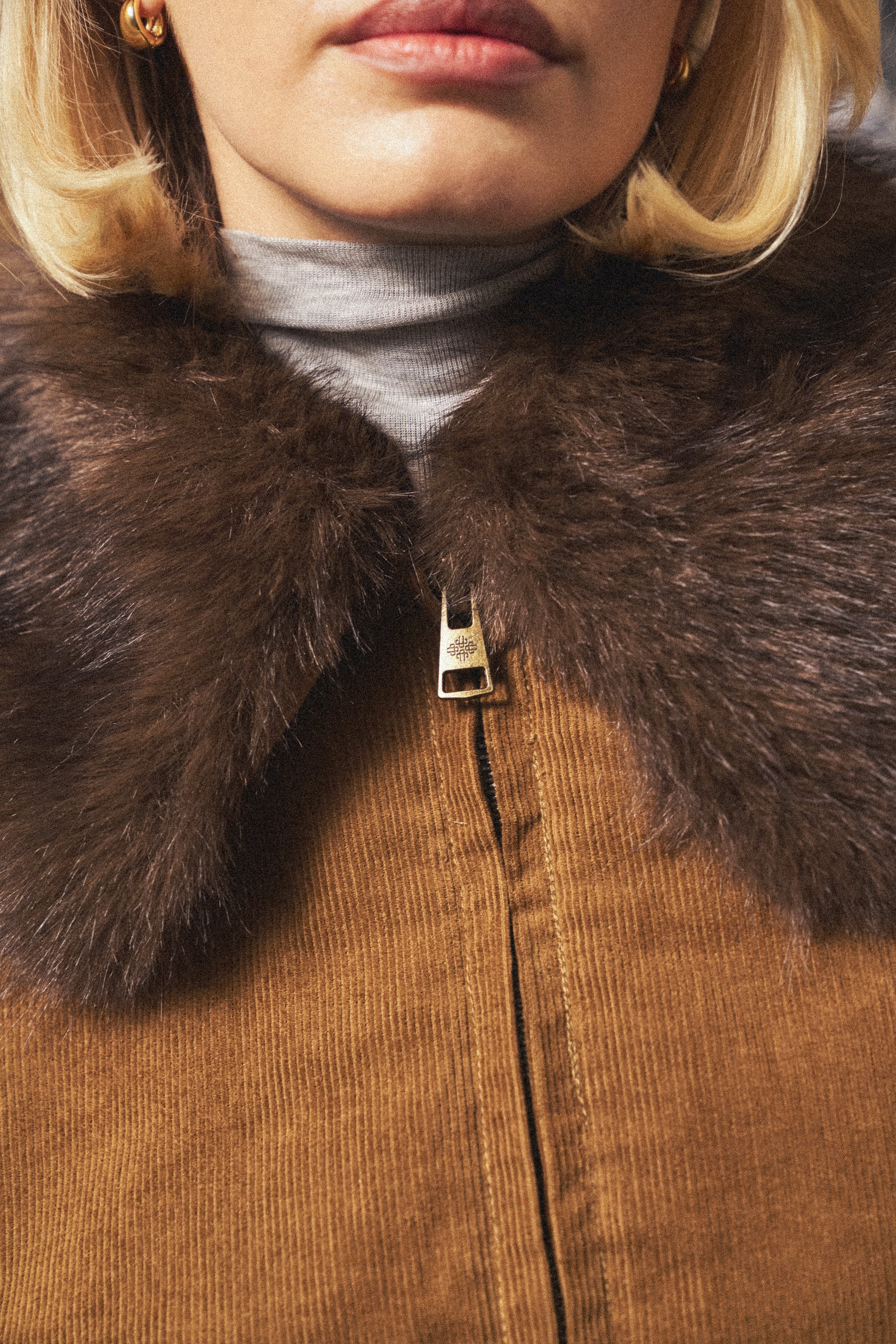 CORD FAUX FUR COLLAR BOMBER JACKET - TAN - Image 5