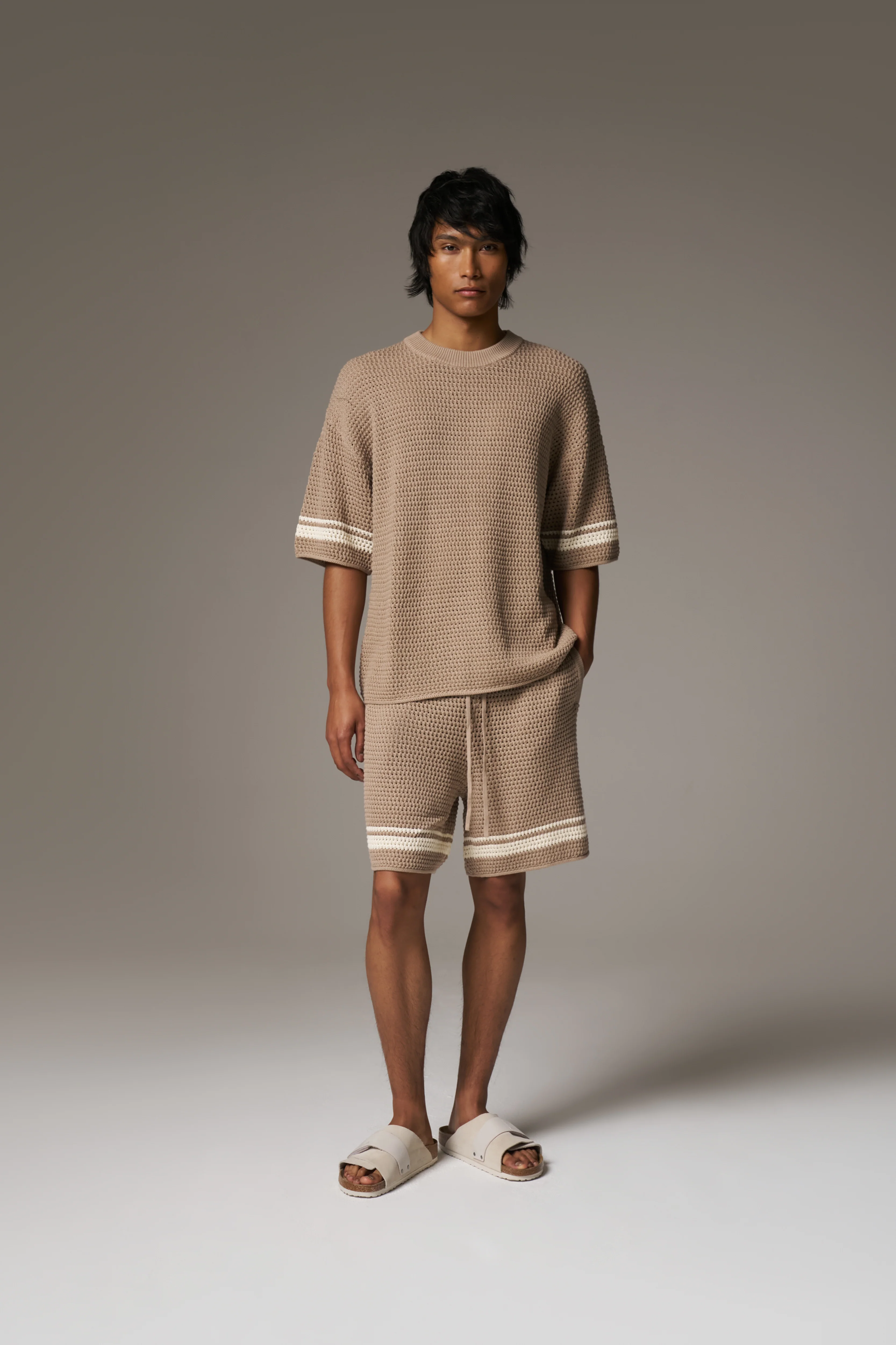CROCHET KNITTED CONTRAST STRIPE T-SHIRT - BROWN - Image 10
