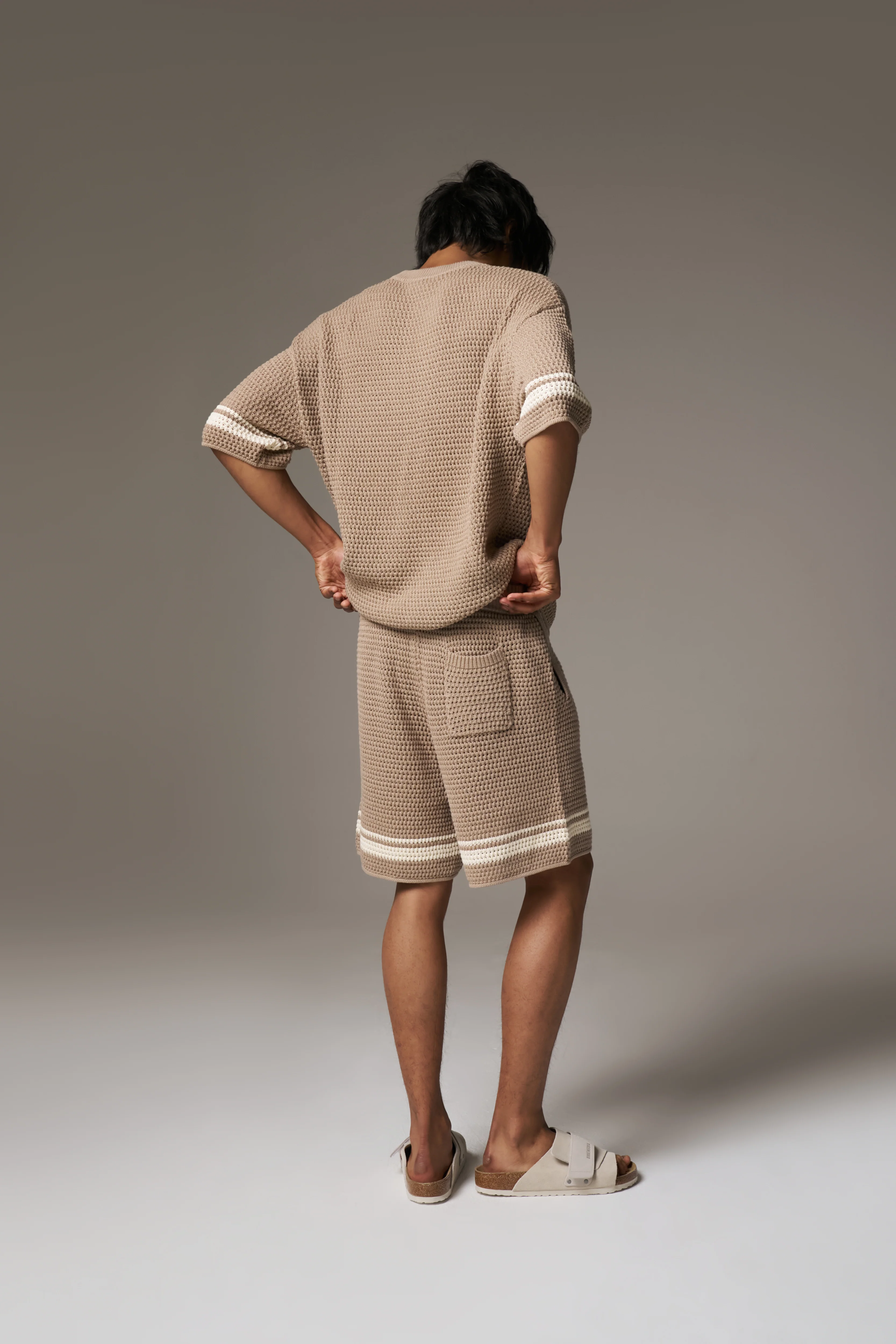 CROCHET KNITTED CONTRAST STRIPE T-SHIRT - BROWN - Image 7