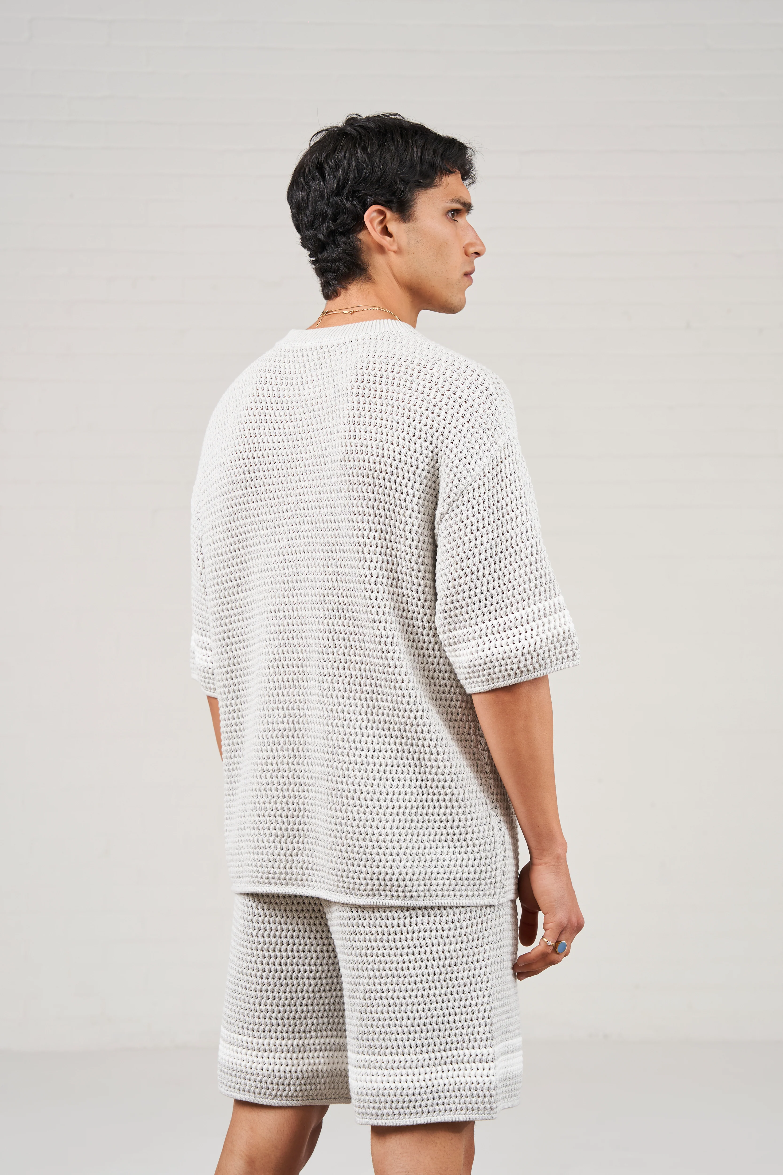 CROCHET KNITTED CONTRAST STRIPE T-SHIRT - GREY - Image 4