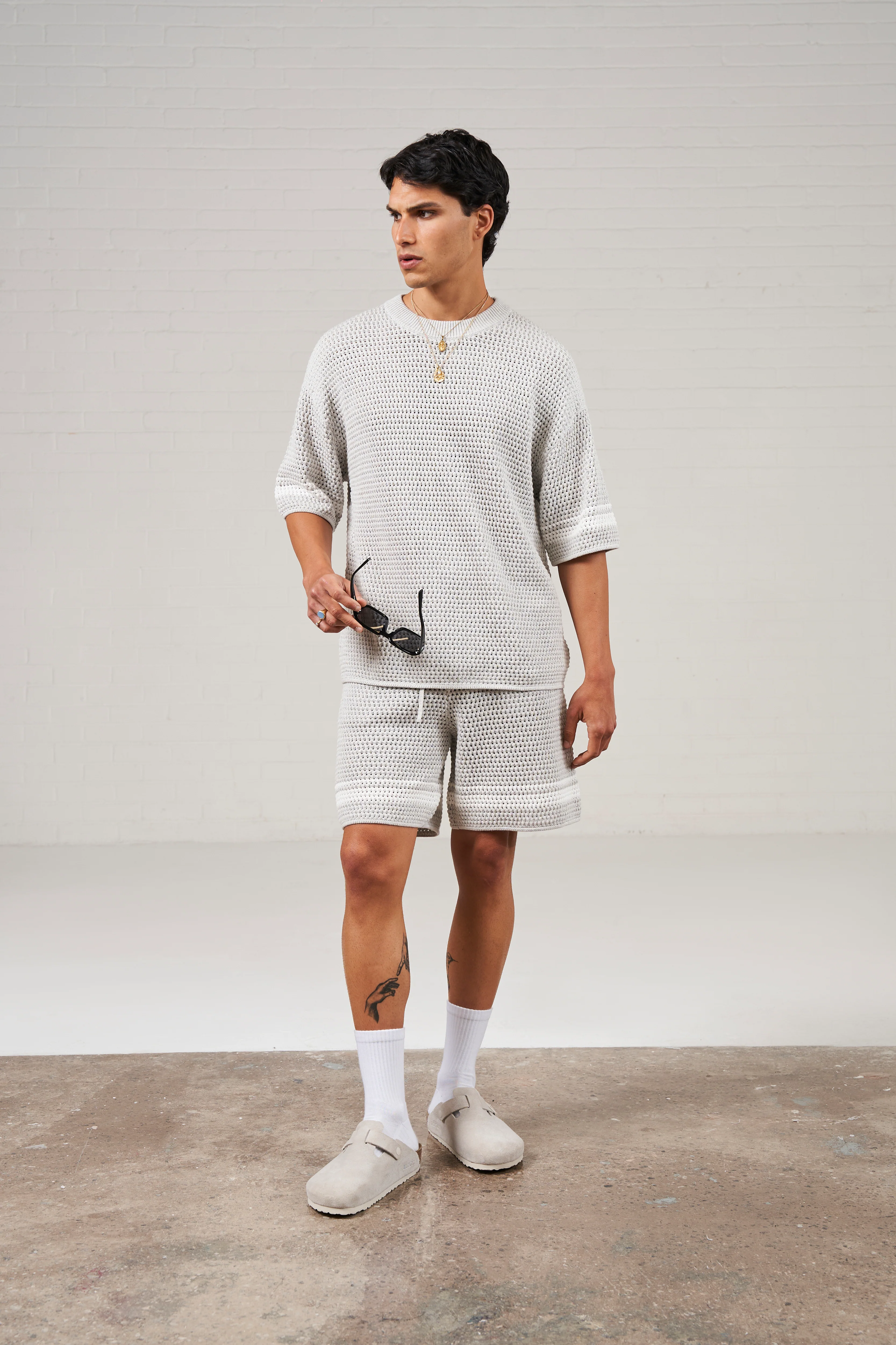 CROCHET KNITTED CONTRAST STRIPE T-SHIRT - GREY - Image 6