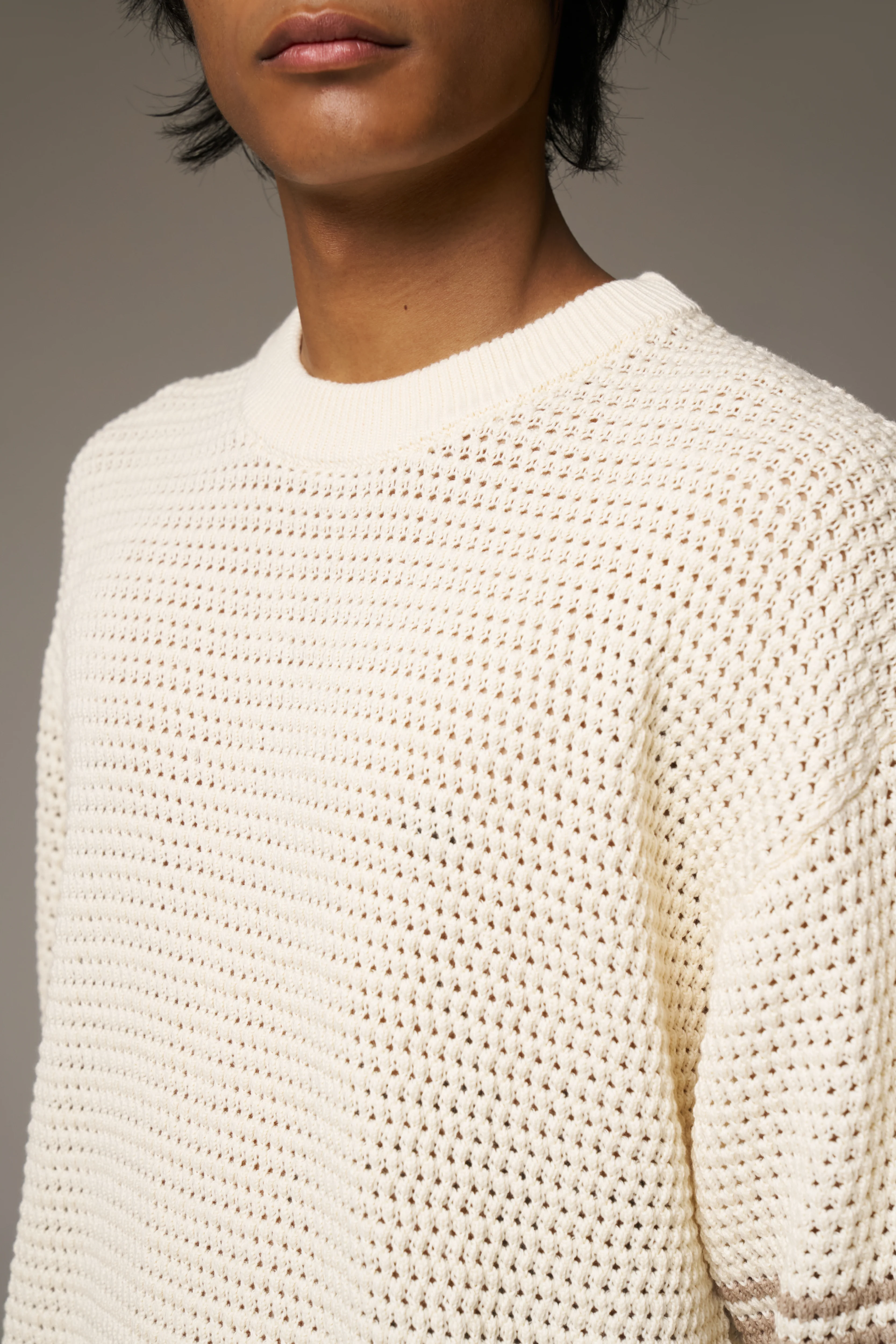 CROCHET KNITTED CONTRAST STRIPE T-SHIRT - OFF WHITE - Image 4