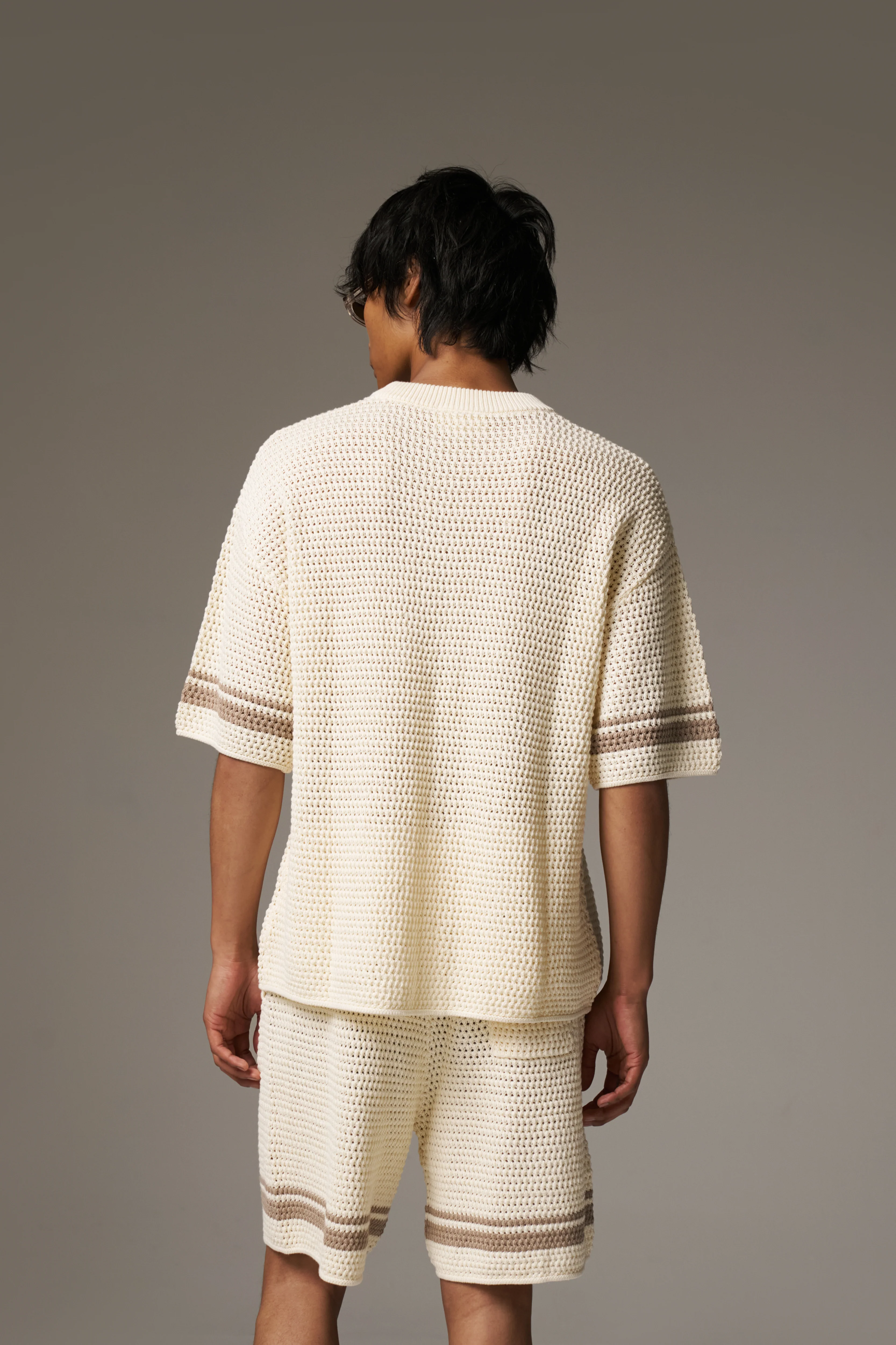 CROCHET KNITTED CONTRAST STRIPE T-SHIRT - OFF WHITE - Image 5