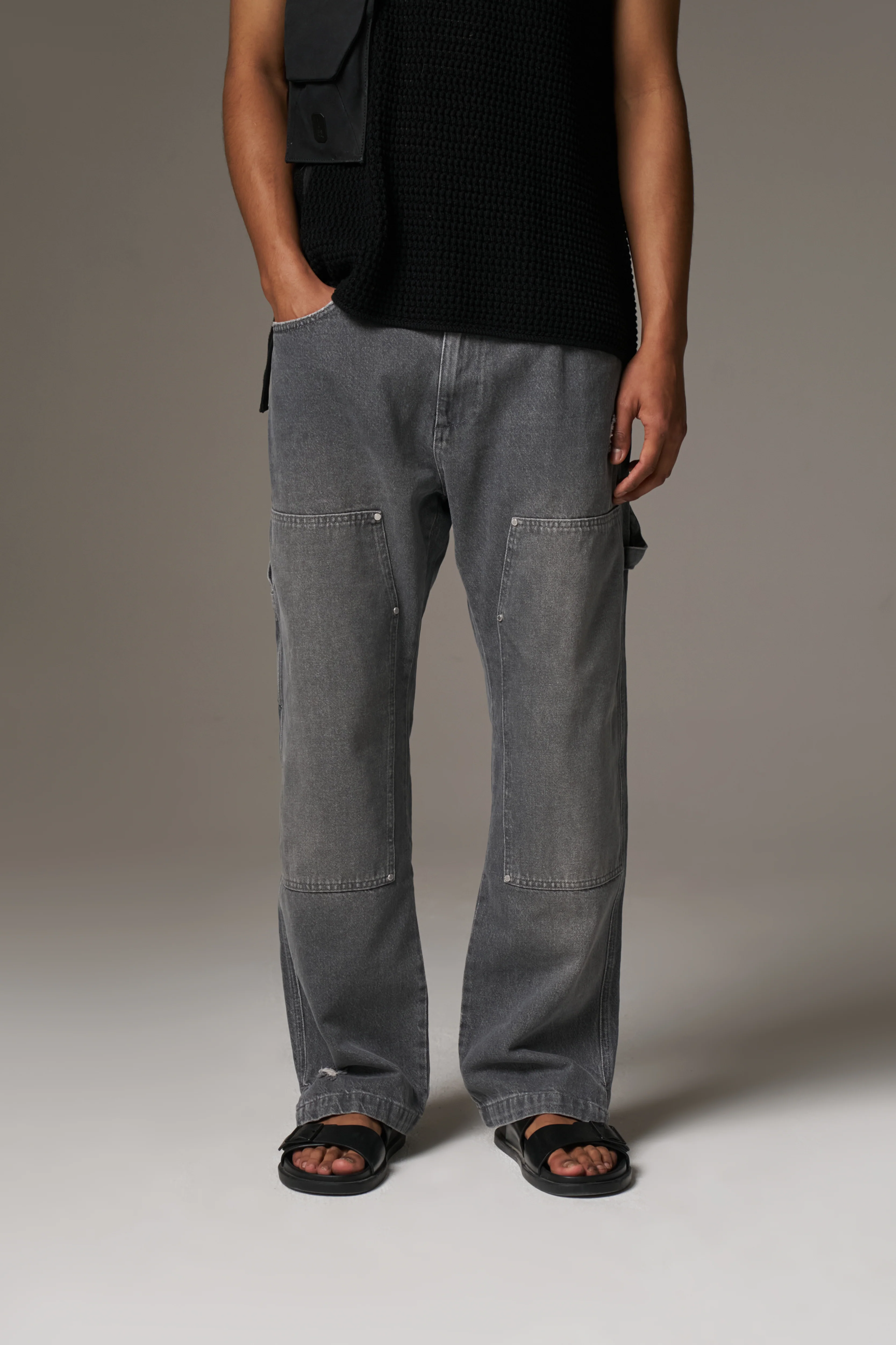 DENIM RIVET DETAIL CARPENTER JEANS - GREY WASH - Image 3