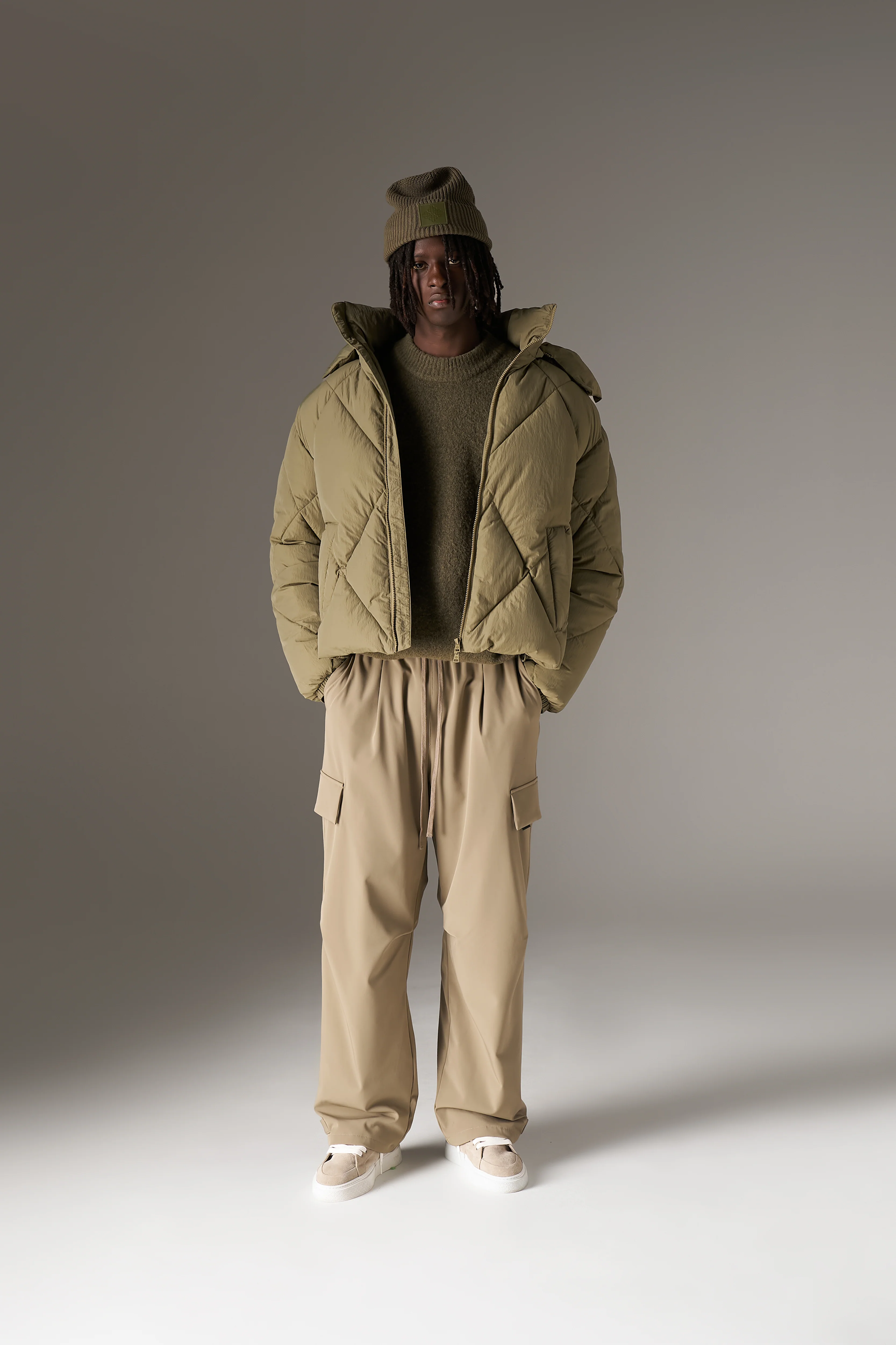 DIAMOND QUILTED PUFFER COAT - KHAKI - Image 3