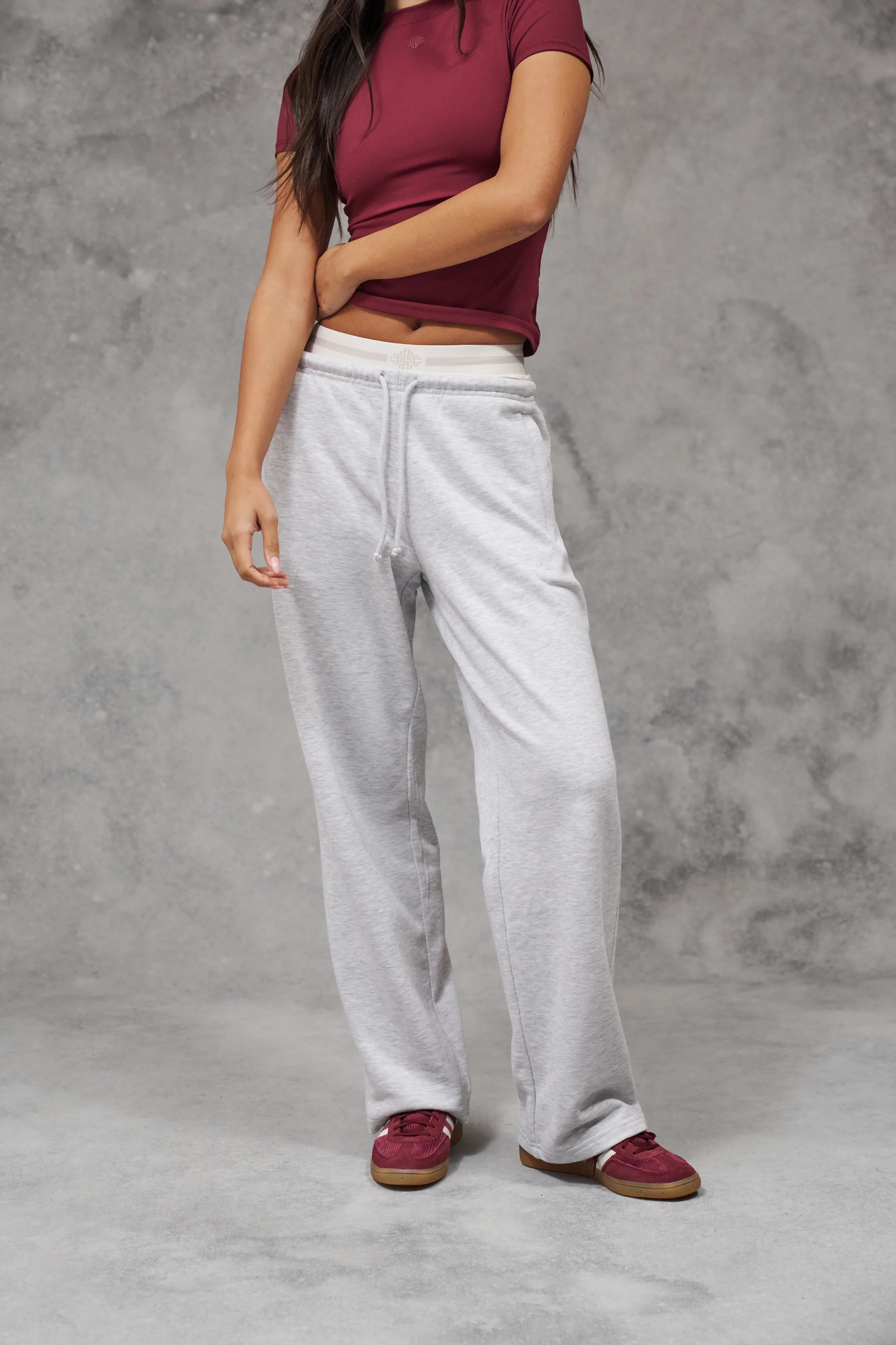DOUBLE WAISTBAND WIDE LEG JOGGERS - GREY MARL - Image 2