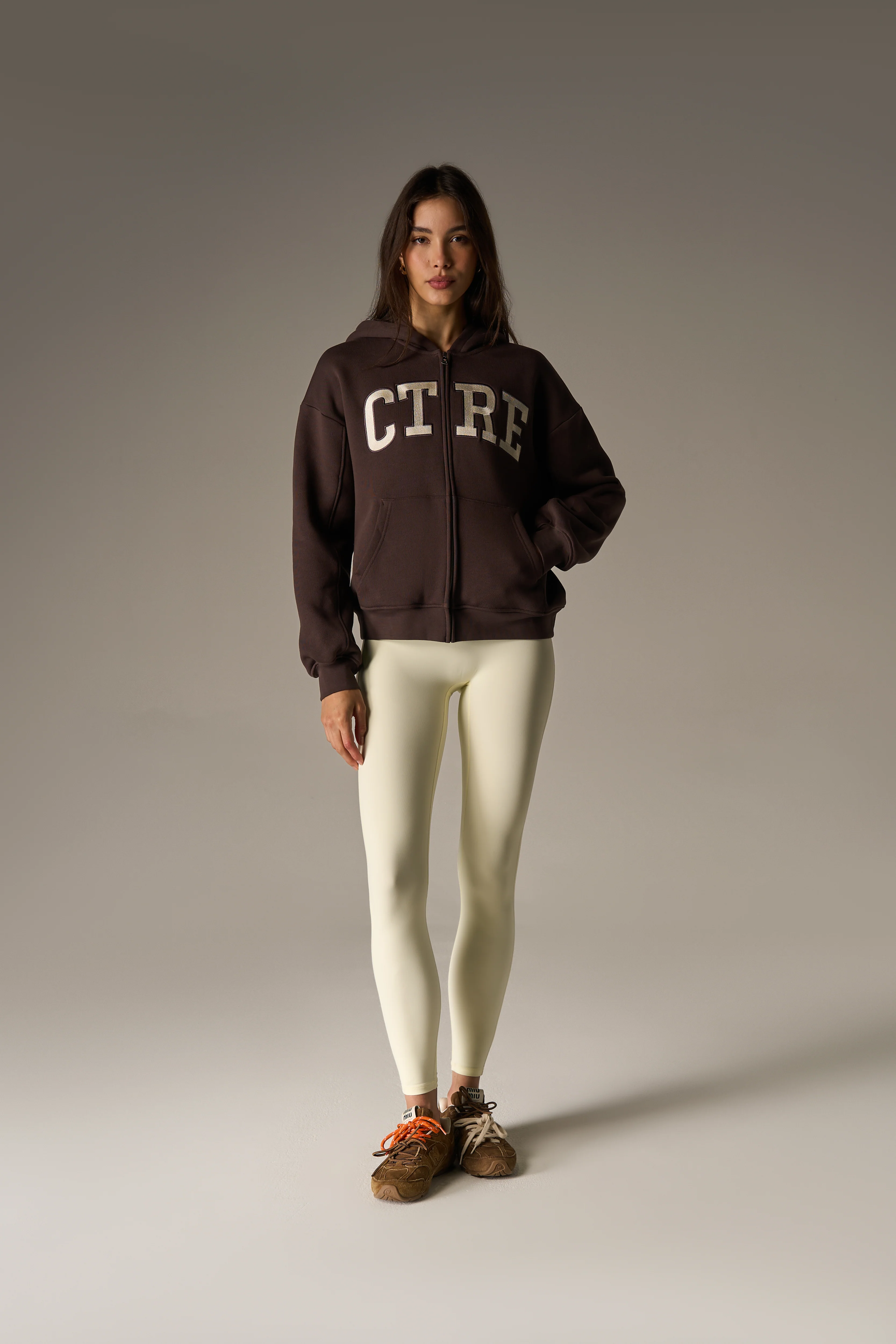 EMBROIDERED CTRE ZIP THROUGH HOODIE - CHOCOLATE - Image 3