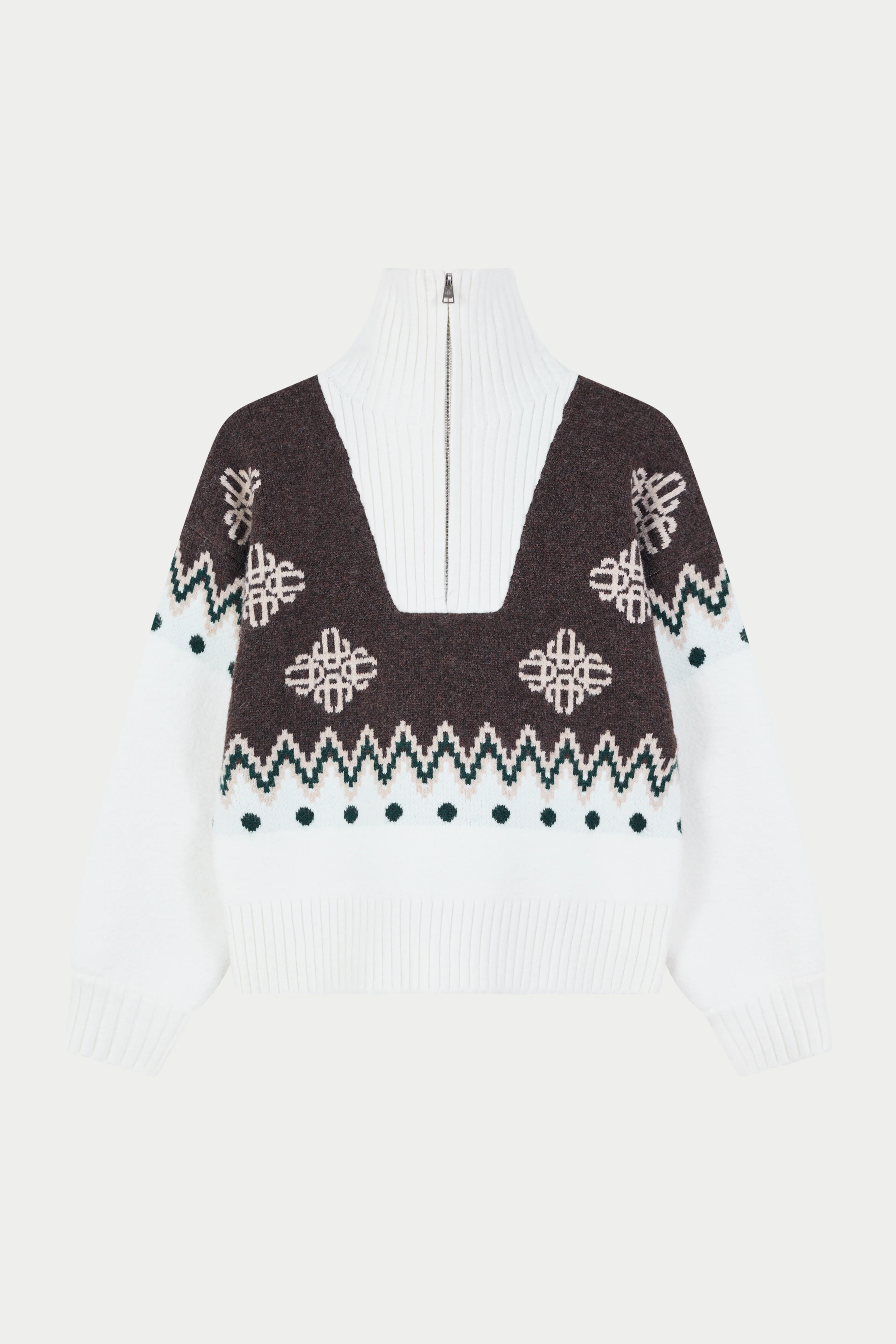FAIR ISLE FUNNEL NECK QUARTER ZIP - BEIGE