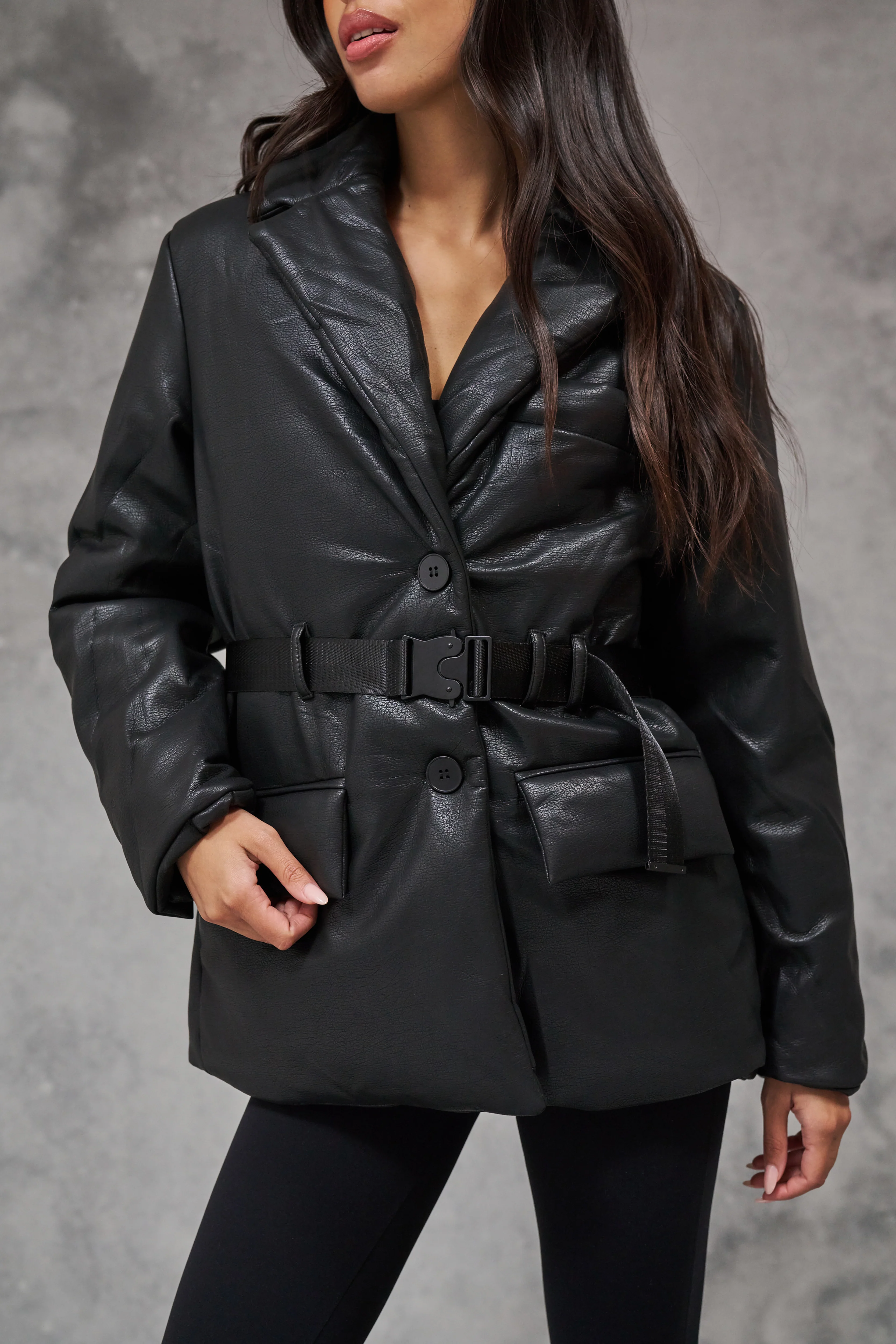 FAUX LEATHER PADDED BLAZER COAT - BLACK - Image 5