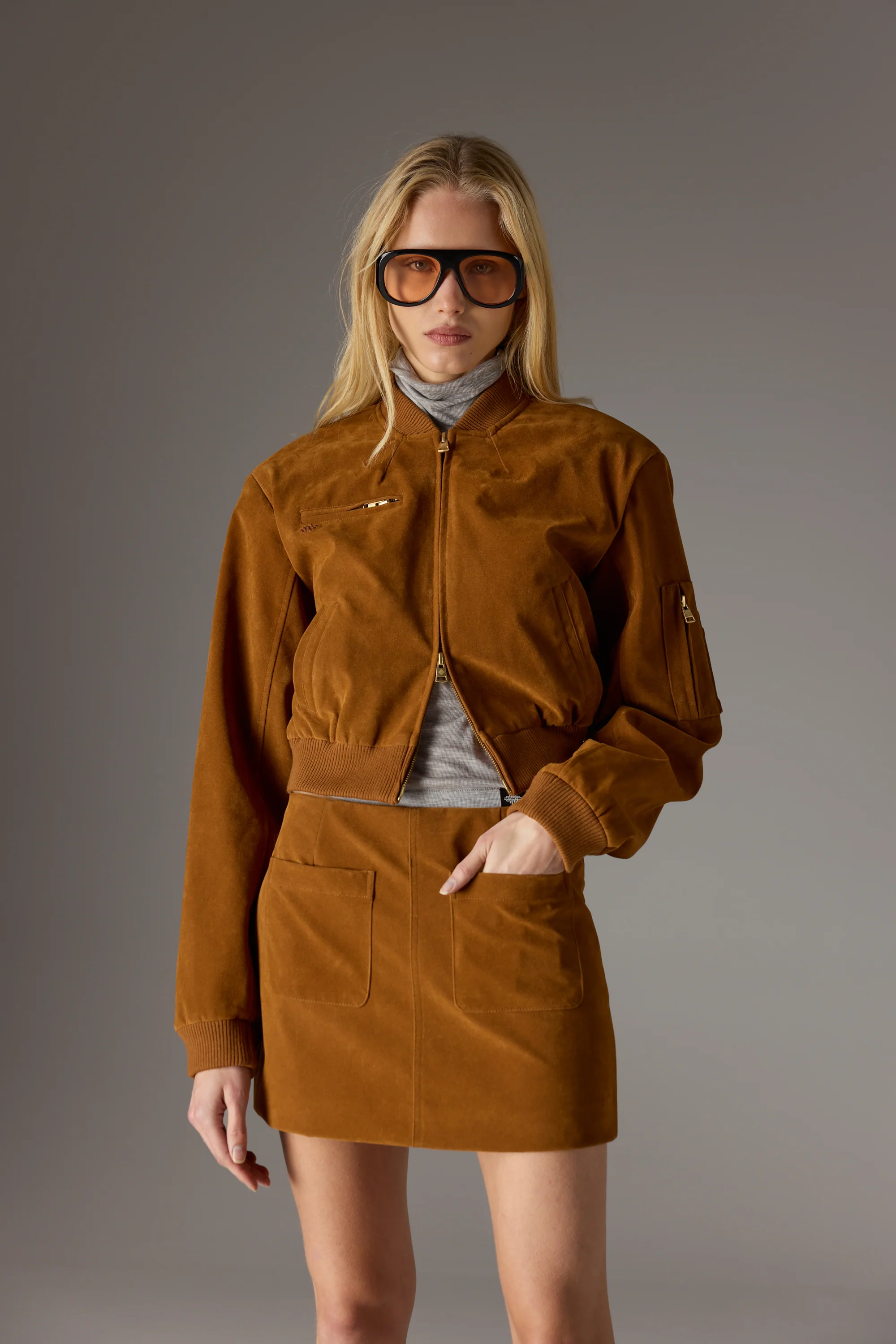 FAUX SUEDE BOMBER JACKET - TAN - Image 4