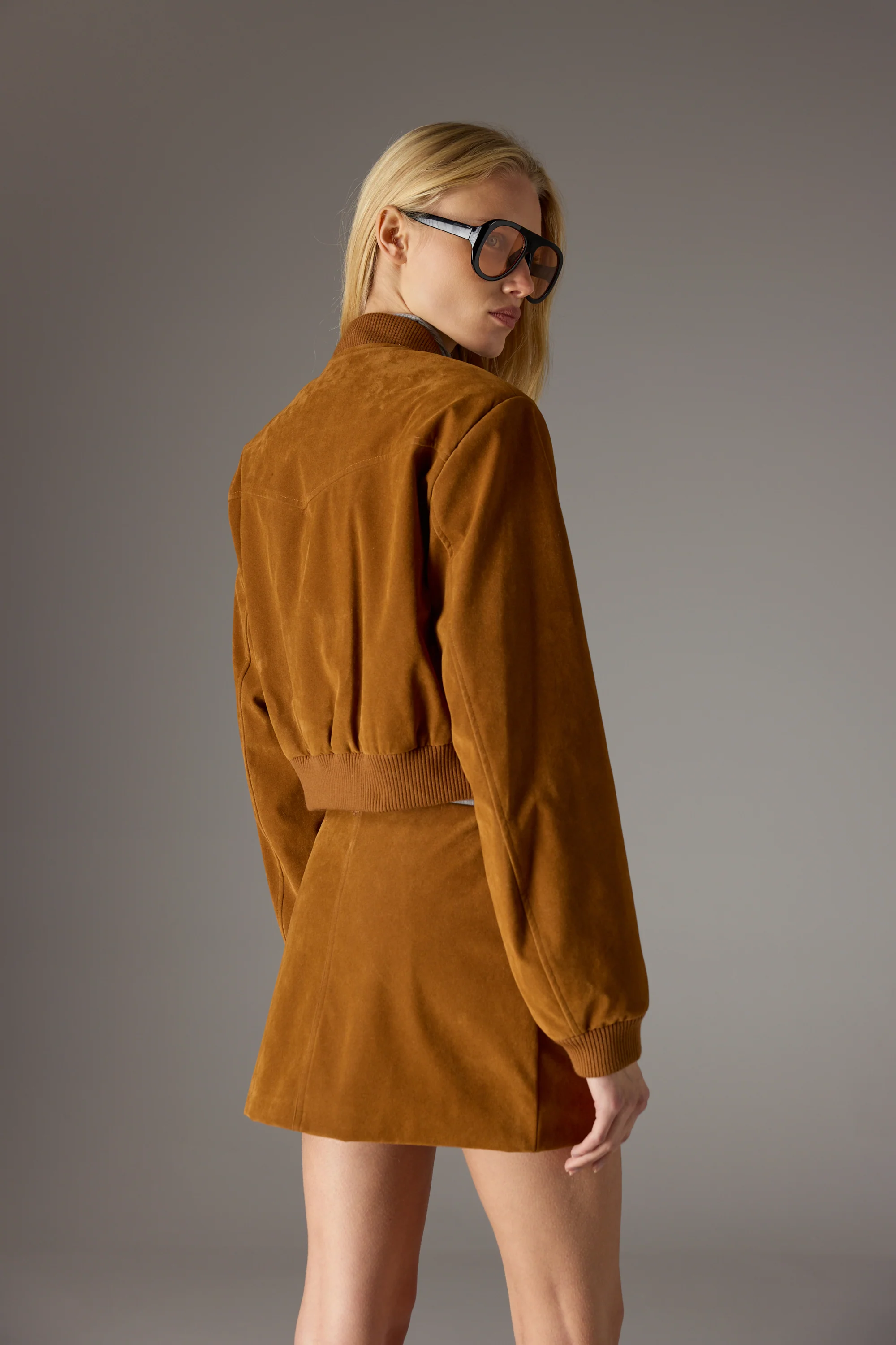 FAUX SUEDE BOMBER JACKET - TAN - Image 6