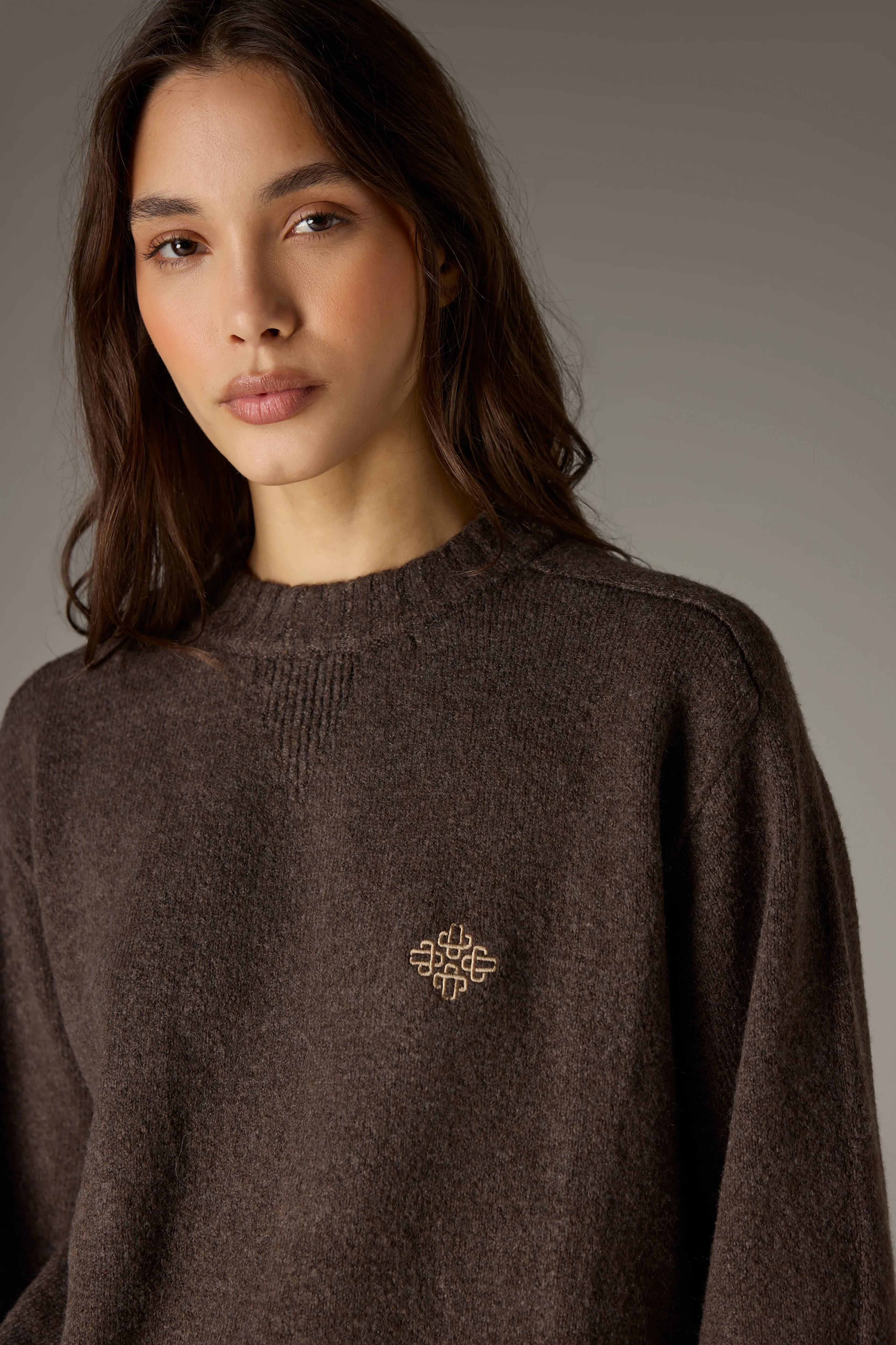 FLUFFY KNIT EMBLEM EMBROIDERED CREW - BROWN - Image 4