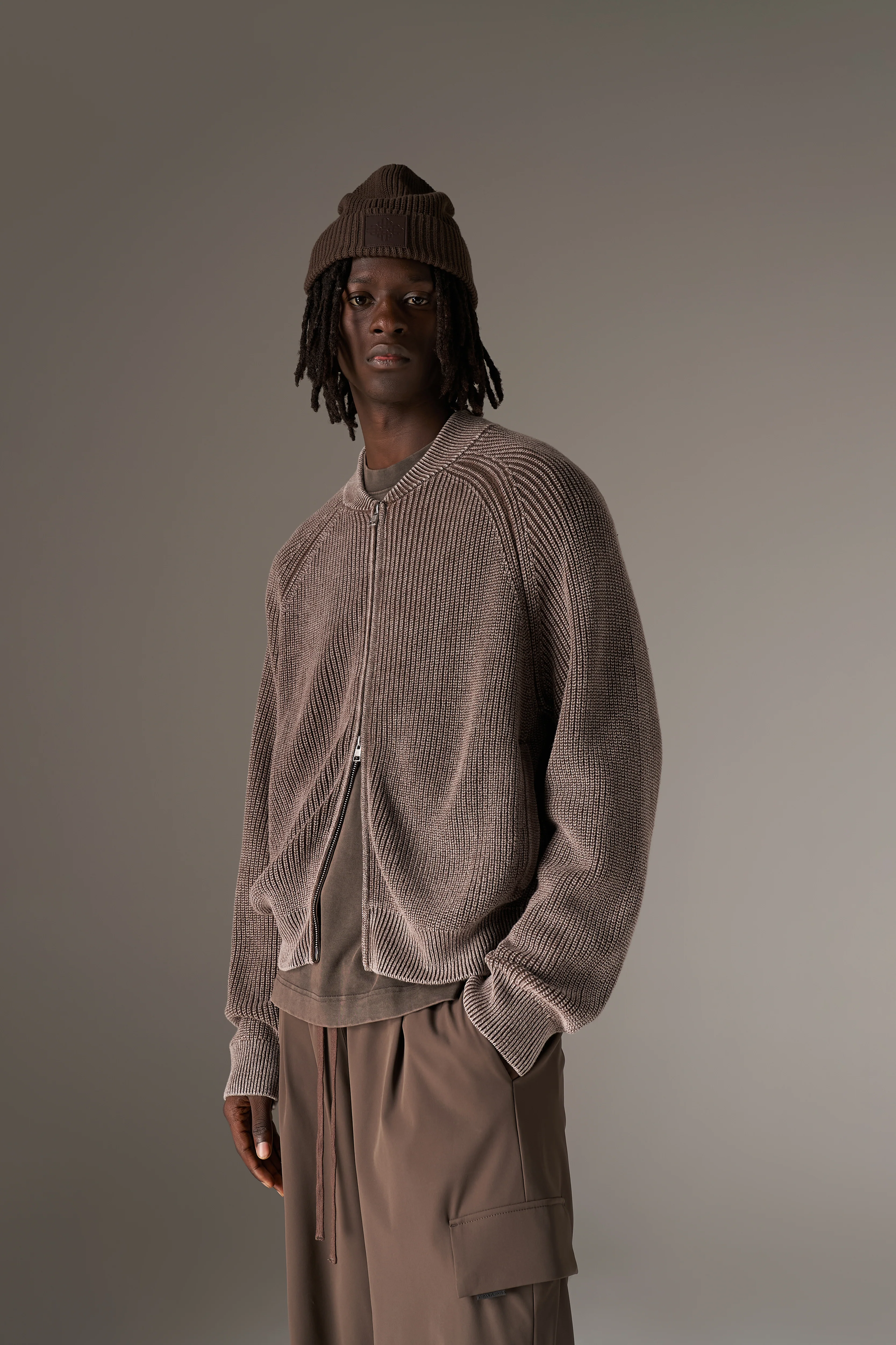 HEAVY WASHED RIB KNIT BOMBER - BROWN - Image 2