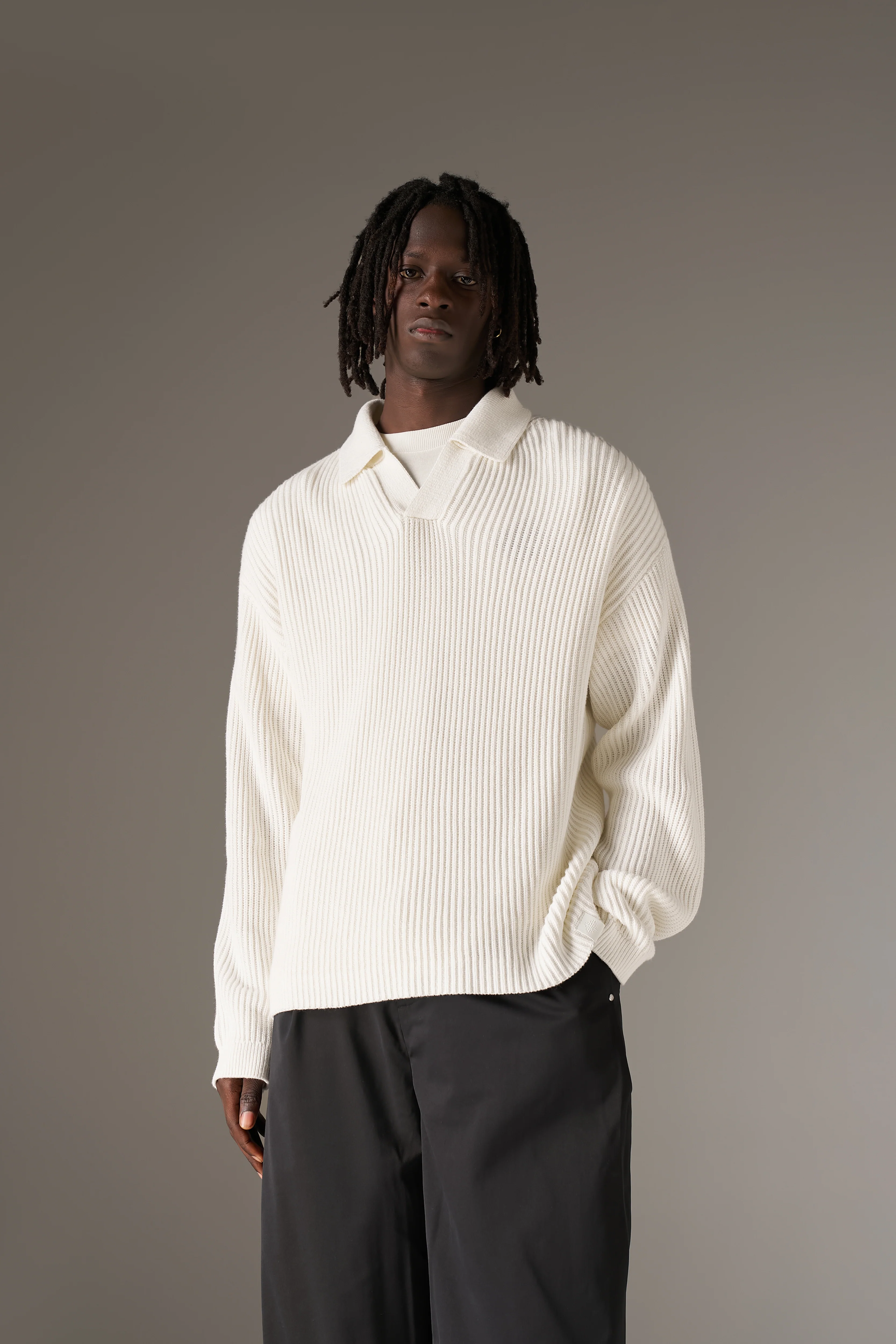 HEAVY WASHED RIB KNIT POLO - OFF WHITE - Image 2