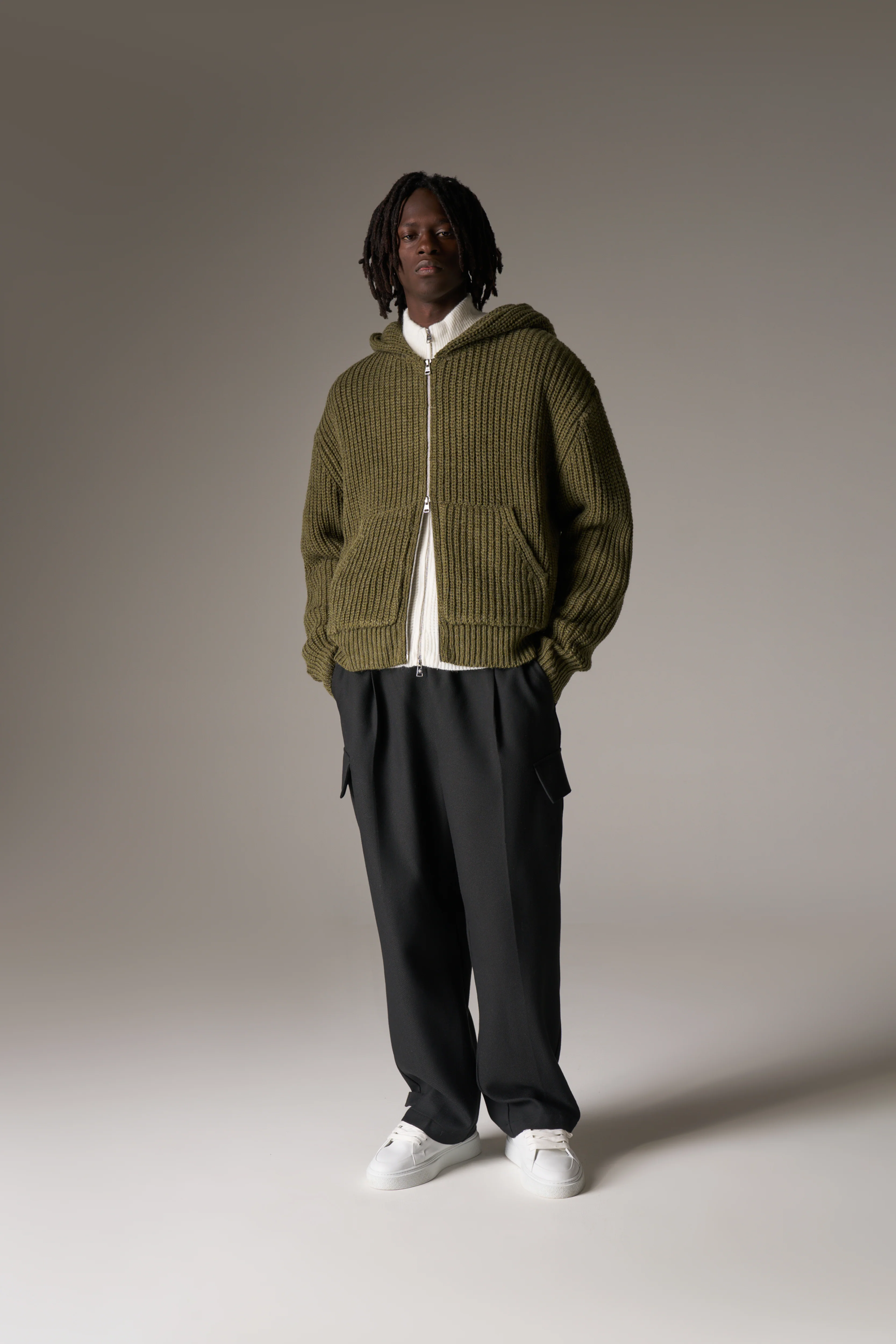 HEAVY RIB KNITTED ZIP THROUGH HOODIE - KHAKI - Image 4