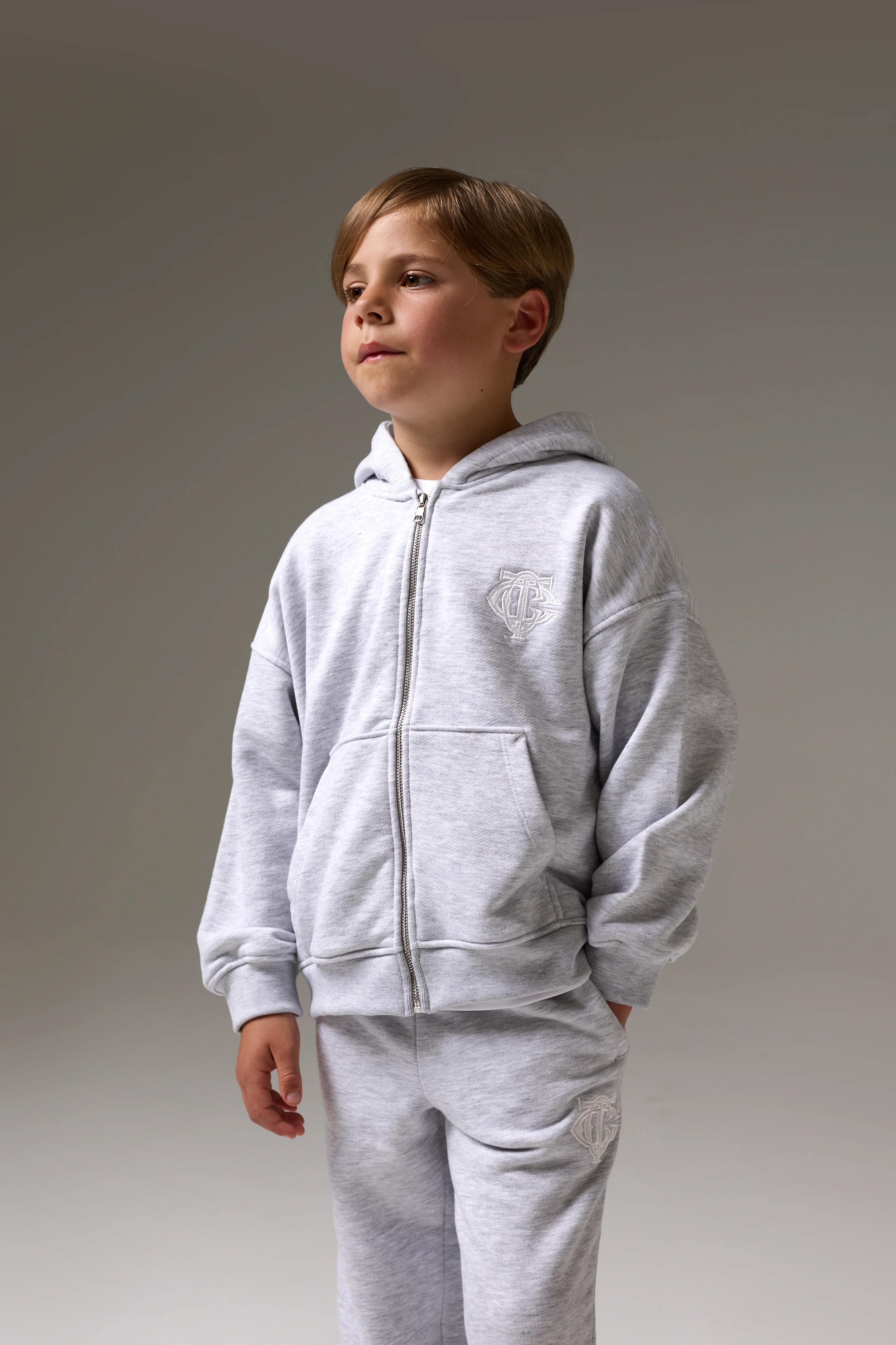 JUNIOR ZIP THROUGH EMBLEM APPLIQUE HOODIE - GREY MARL - Image 4