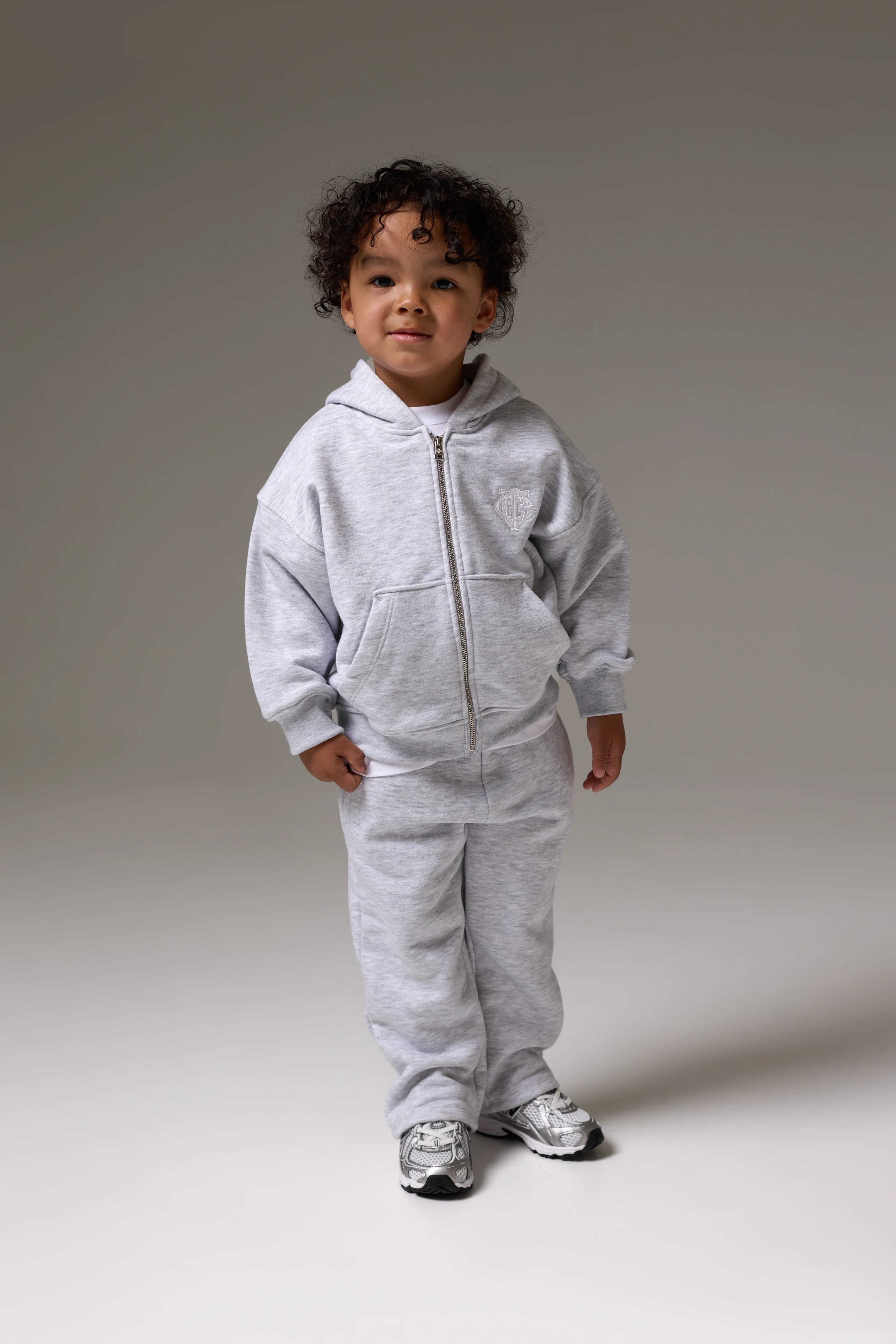 KIDS ZIP THROUGH MONOGRAM EMBLEM APPLIQUE HOODIE - GREY MARL - Image 3