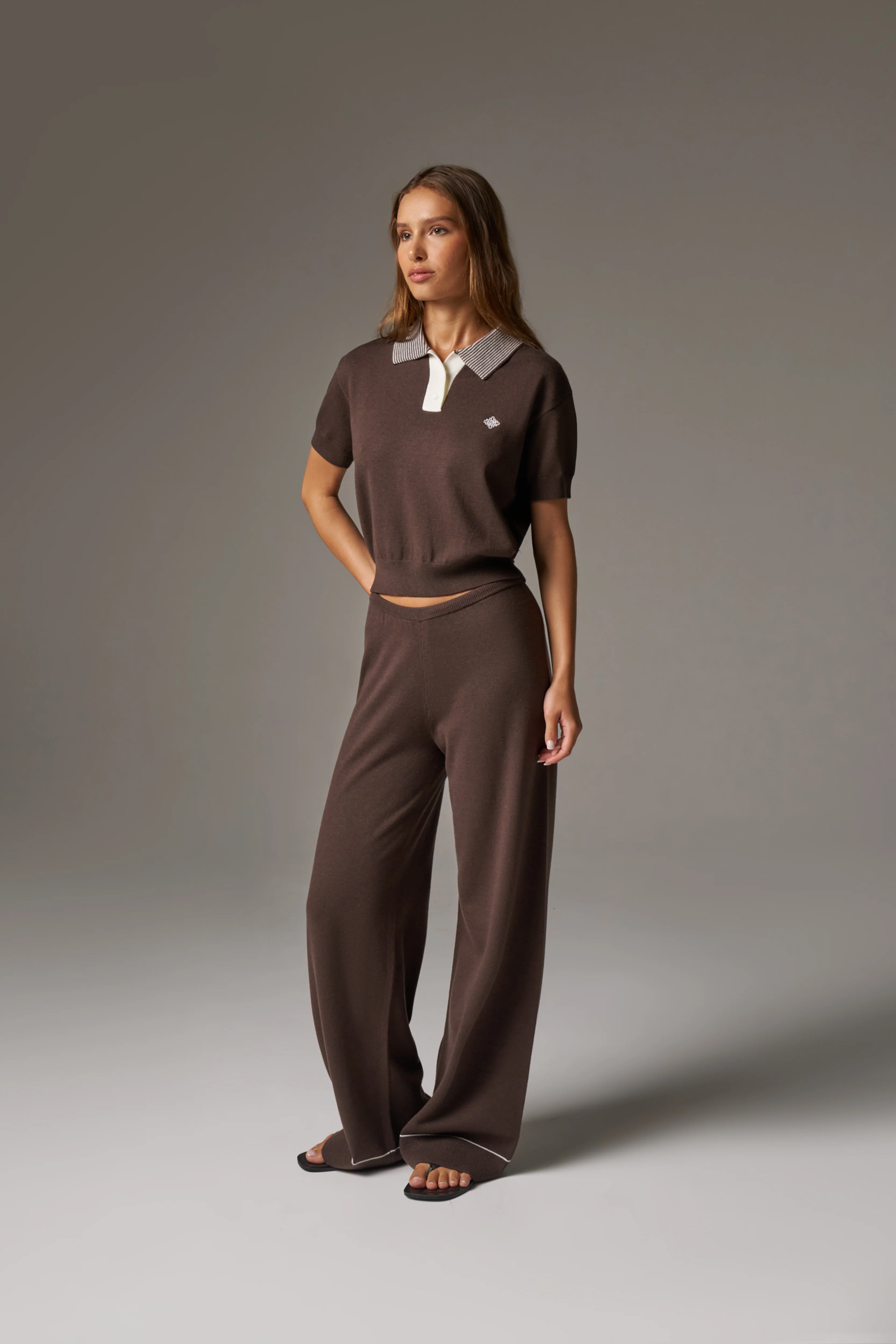 KNITTED COLLAR POLO TOP - BROWN - Image 8