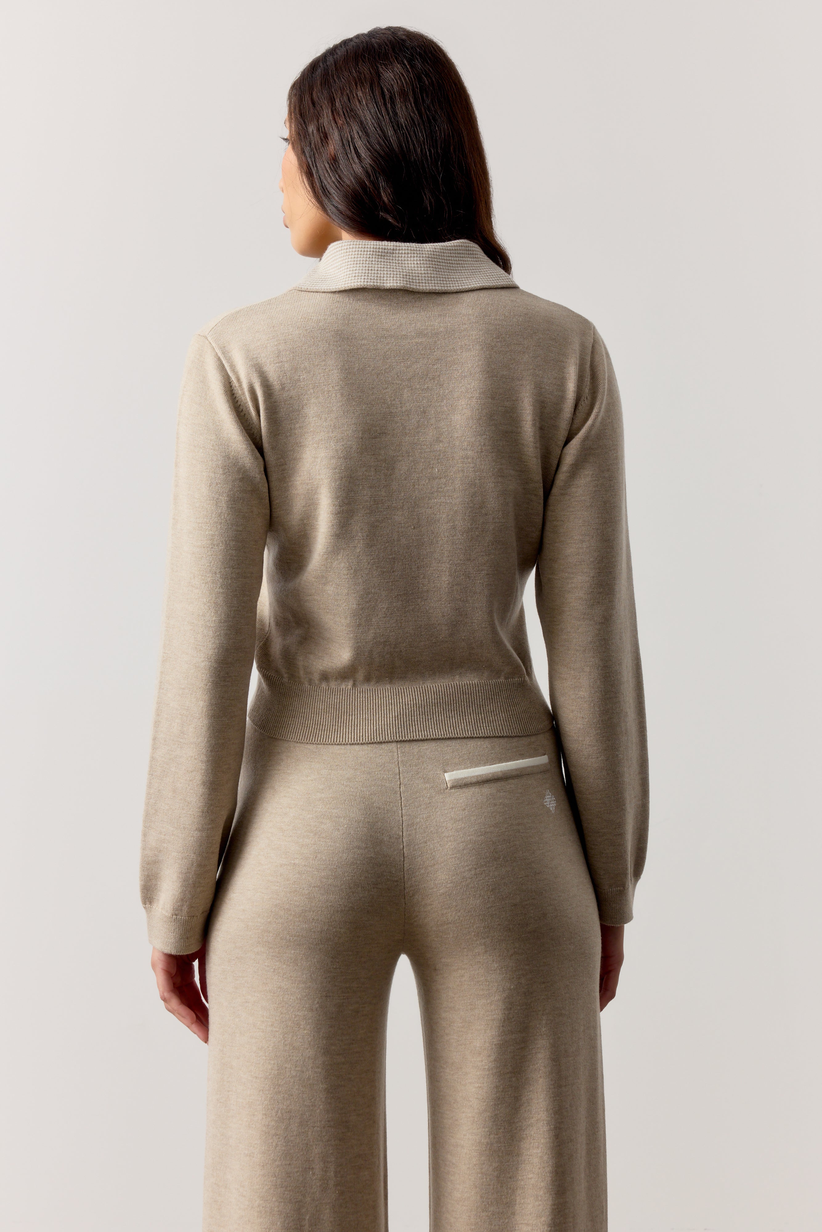 LONG SLEEVE KNITTED COLLAR POLO TOP - BEIGE - Image 5