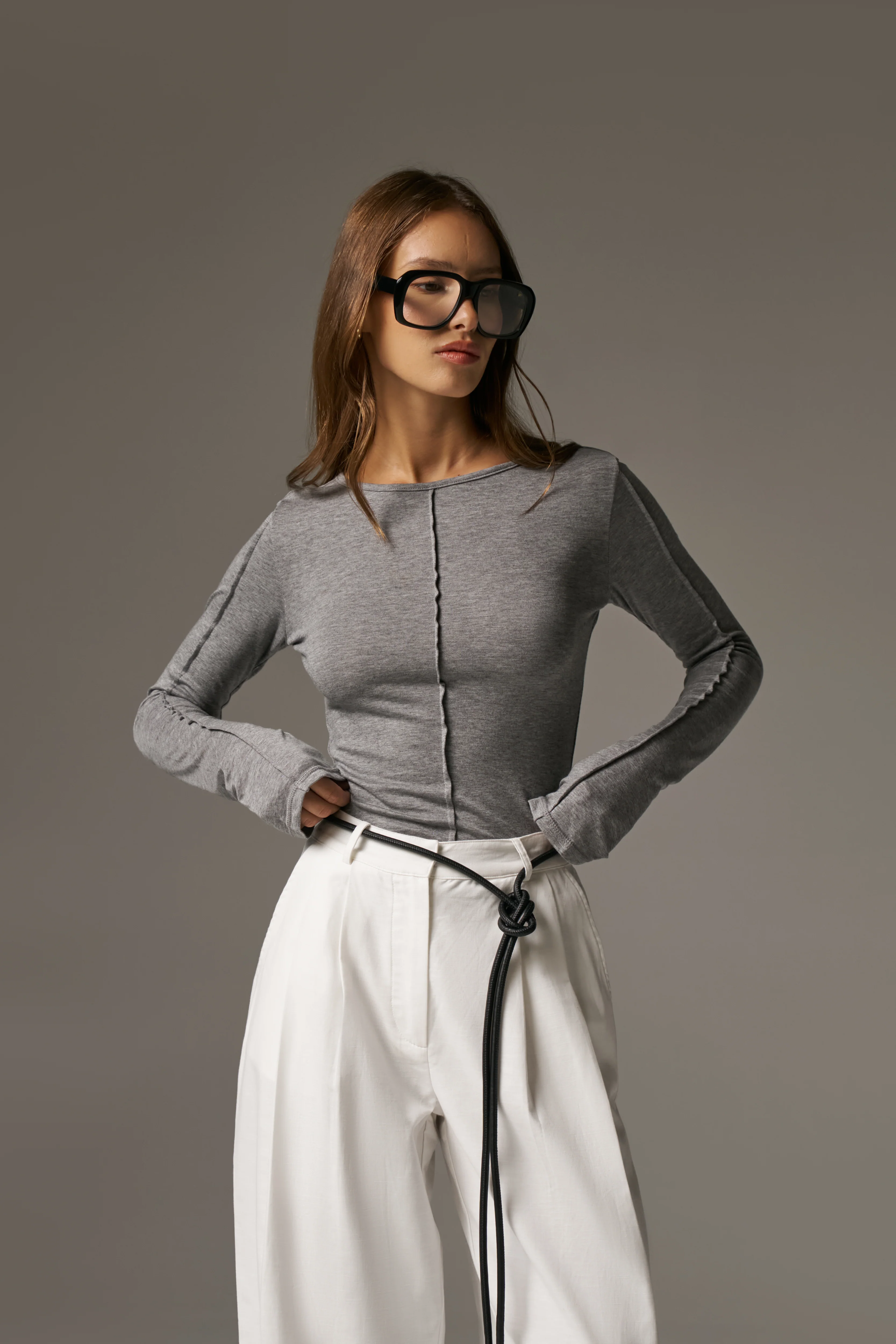 LONG SLEEVE SLUB TOP - GREY - Image 2