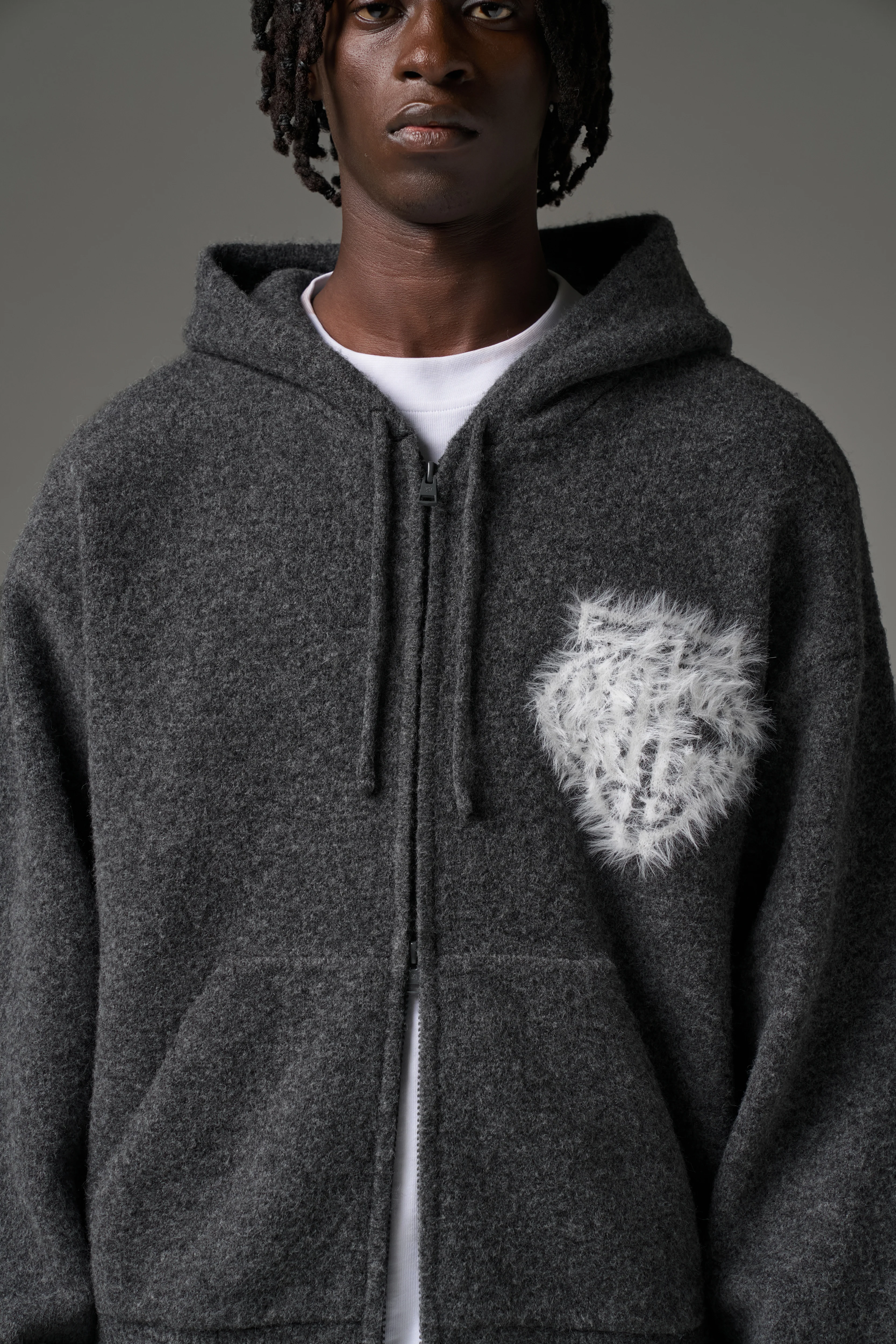 MONOGRAM FLUFFY KNIT ZIP THROUGH HOODIE - CHARCOAL - Image 6