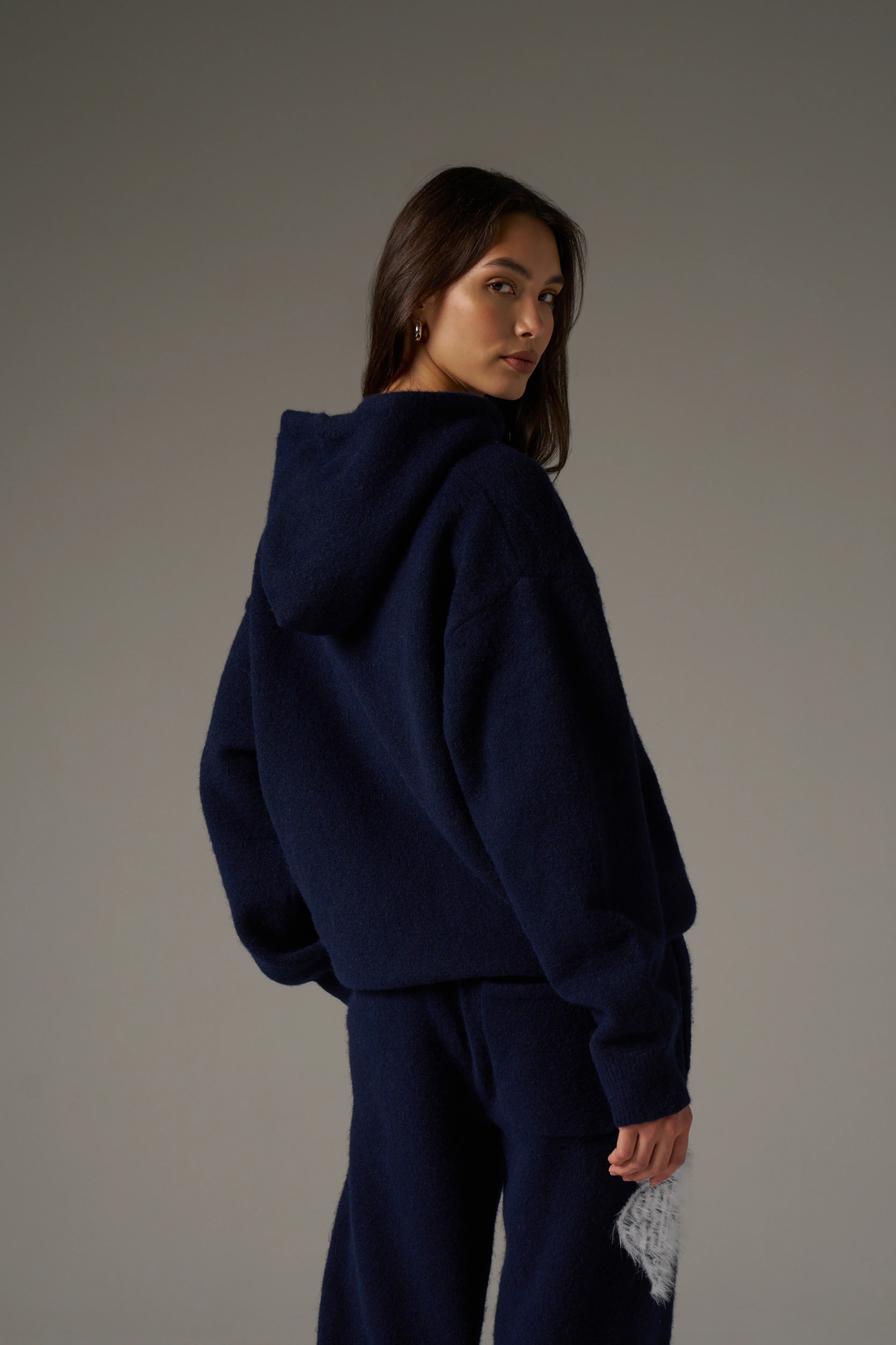 MONOGRAM FLUFFY KNIT ZIP THROUGH HOODIE - NAVY - Image 7