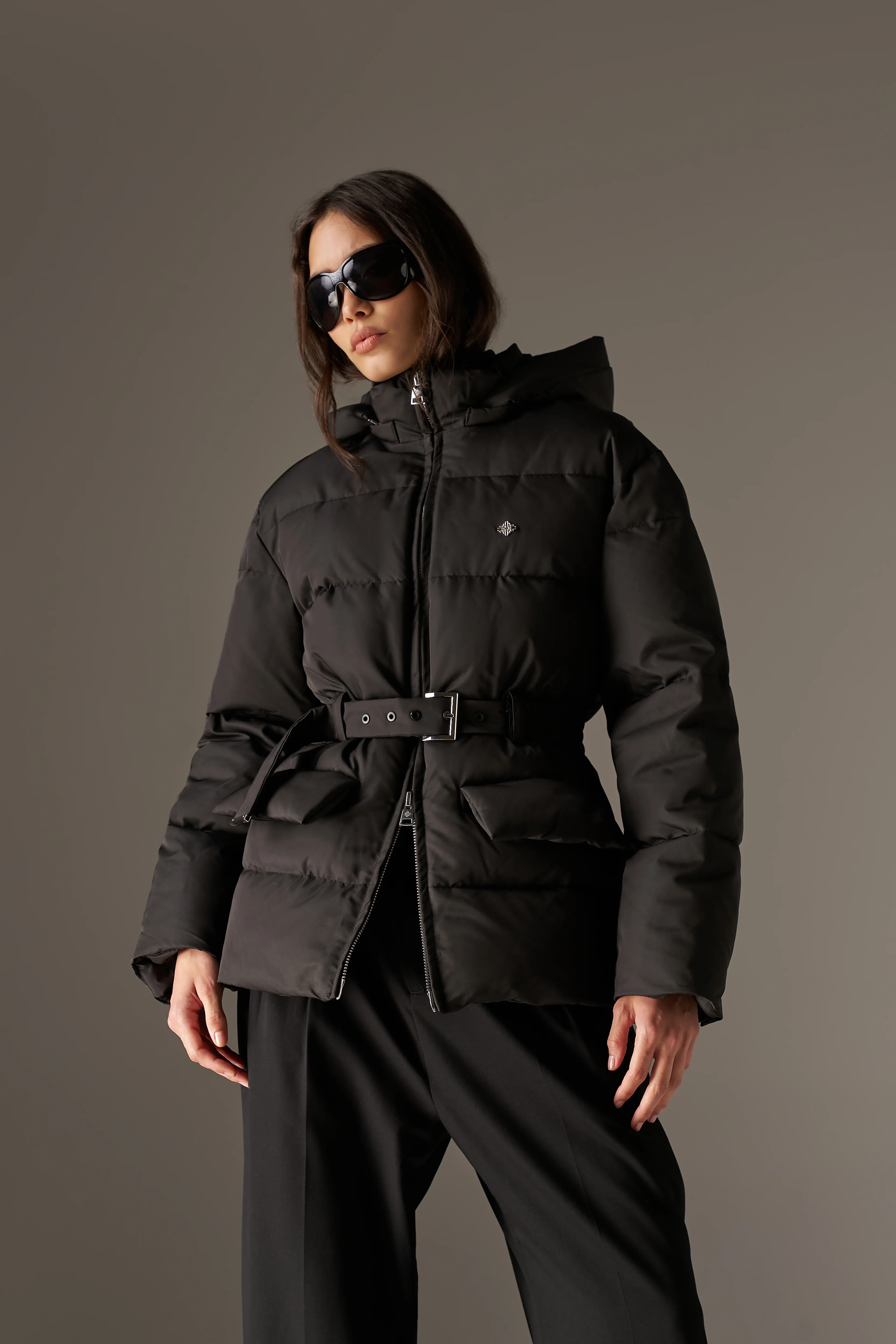 NYLON BELTED PUFFER - BLACK - Image 2