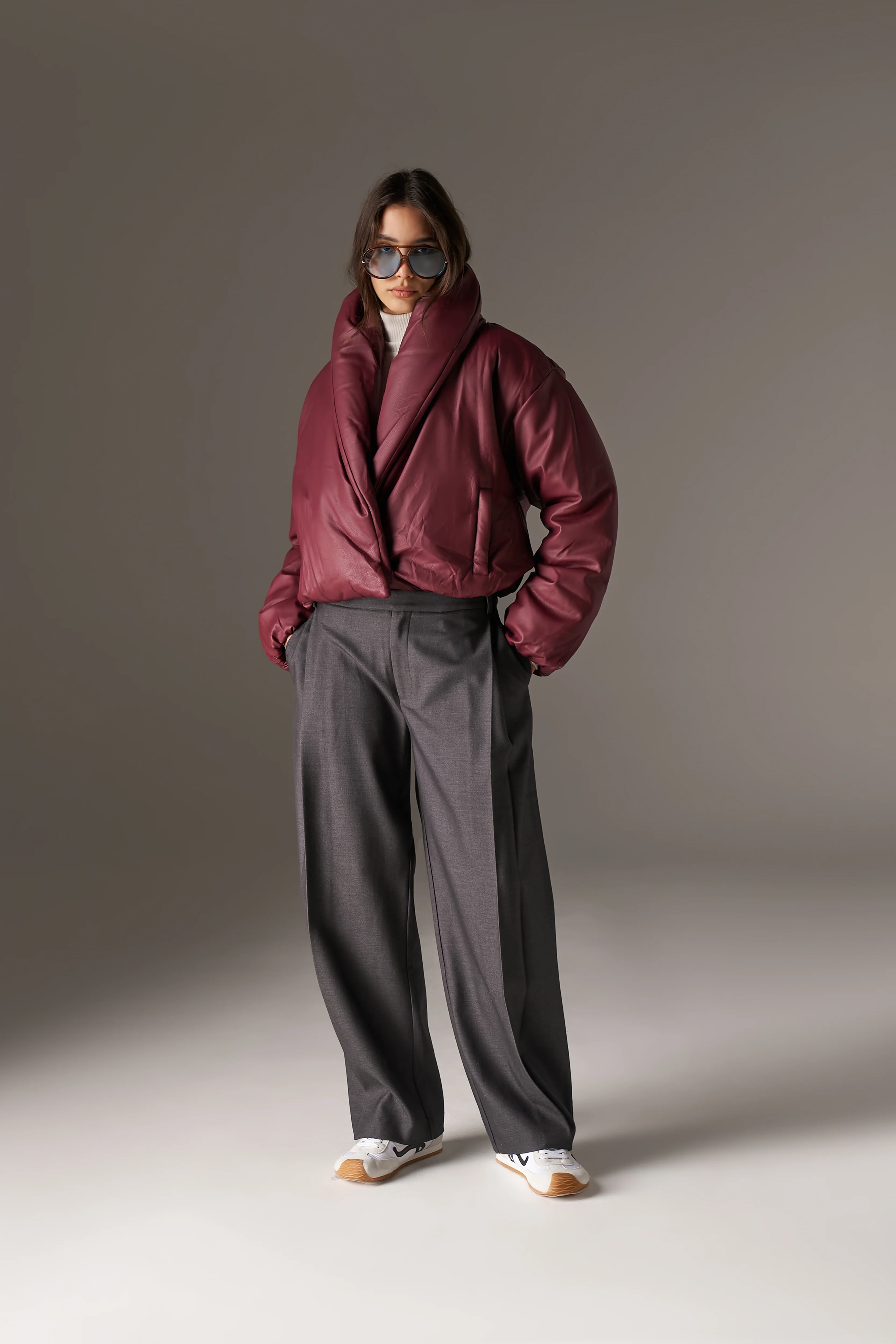 OVERSIZED COLLAR FAUX LEATHER PUFFER COAT - BURGUNDY - Image 3