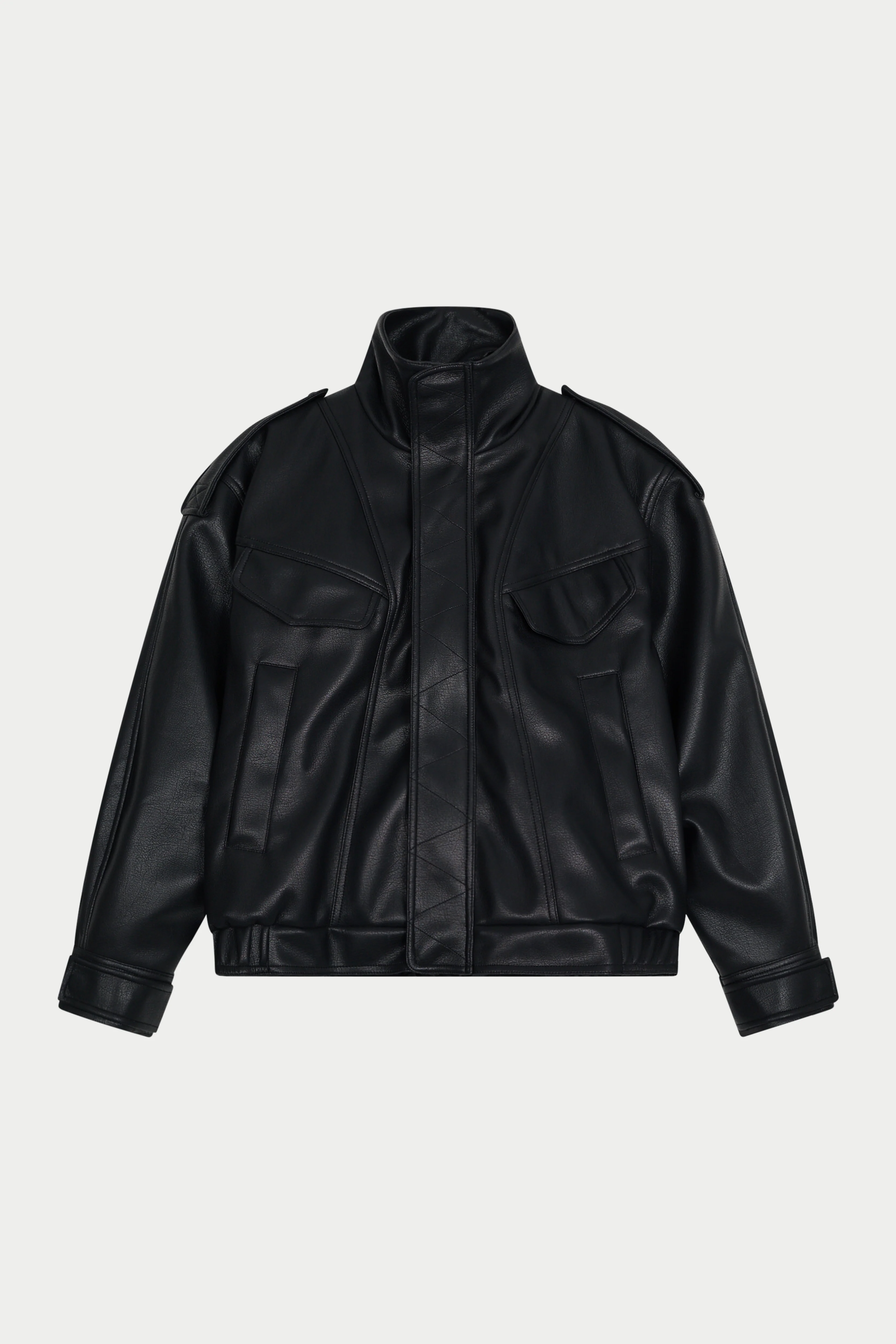 FAUX LEATHER FUNNEL NECK JACKET - BLACK