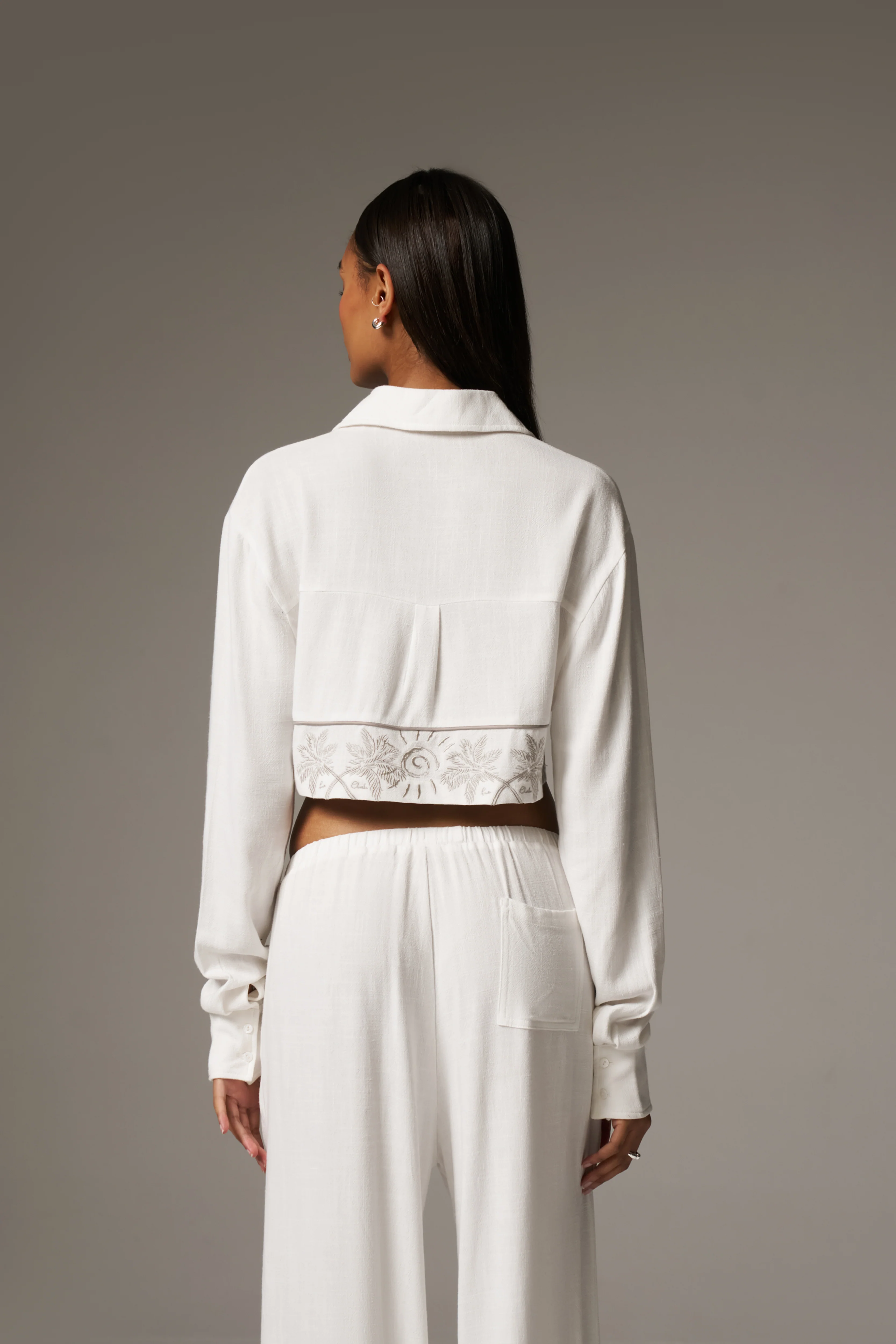 PALM EMBROIDERED CROPPED SHIRT - OFF WHITE - Image 7