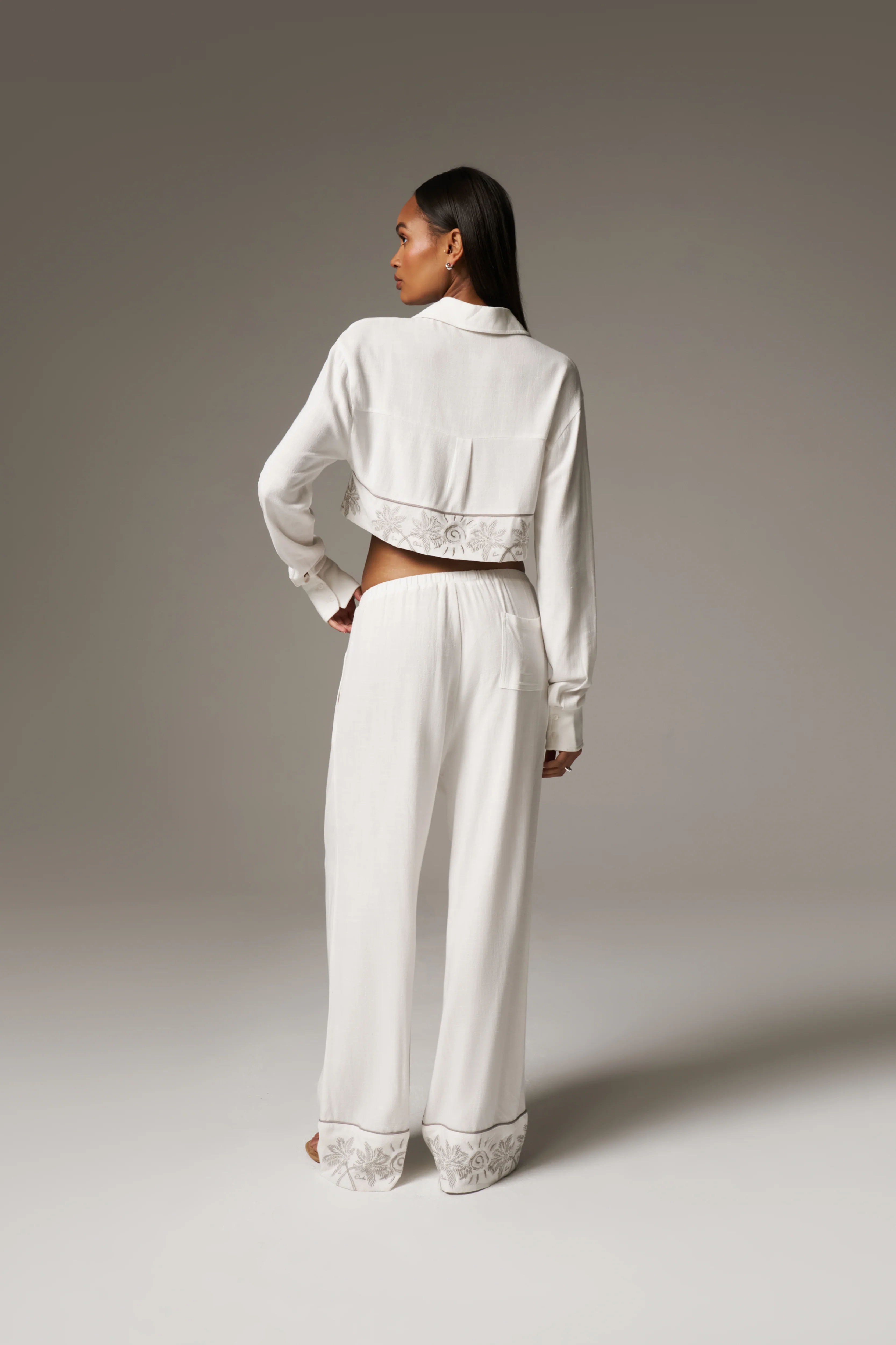PALM EMBROIDERED WIDE LEG TROUSERS - OFF WHITE - Image 8