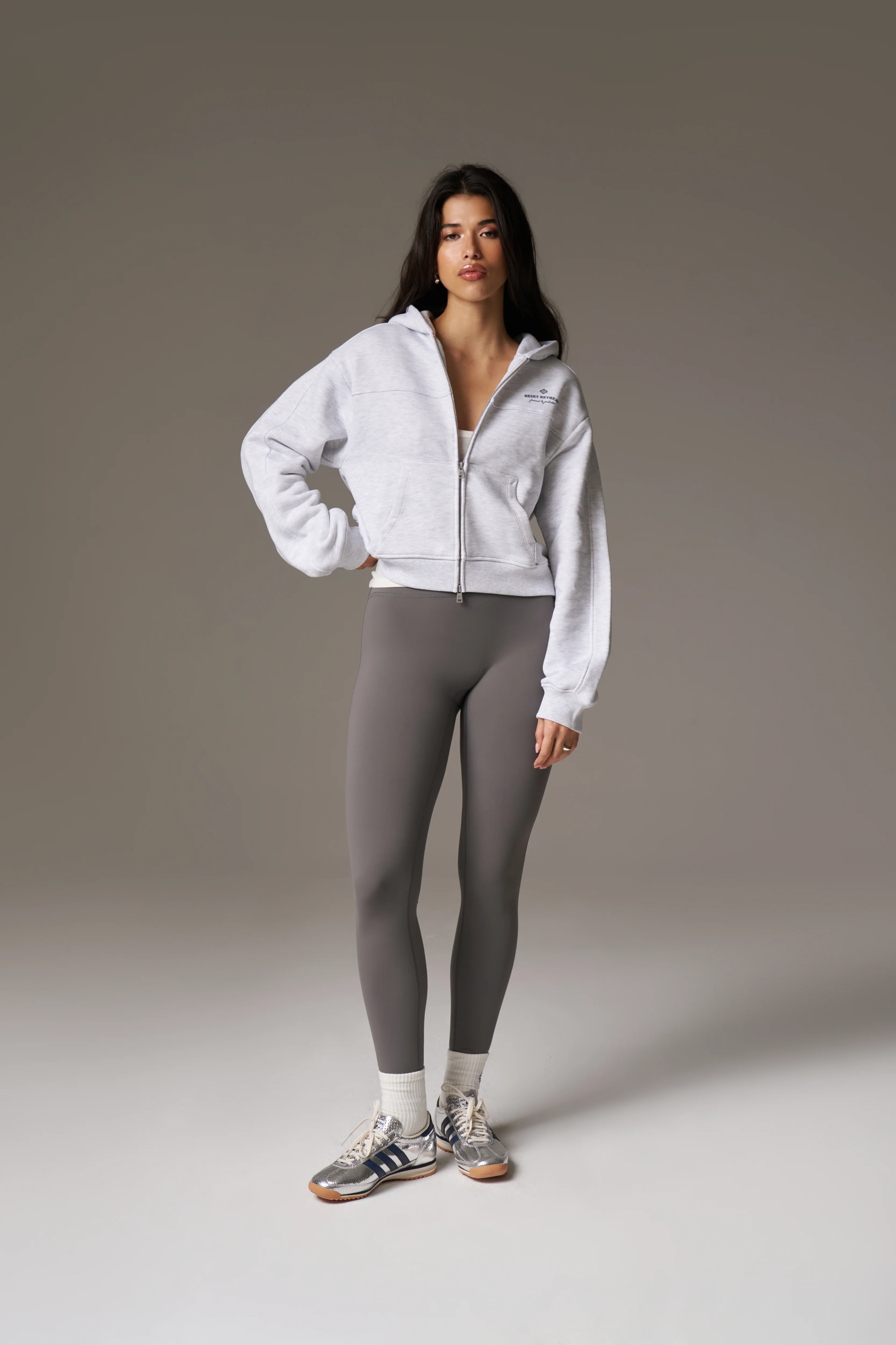 PILATES & PINOT ZIP THROUGH CROPPED HOODIE - GREY MARL - Image 3