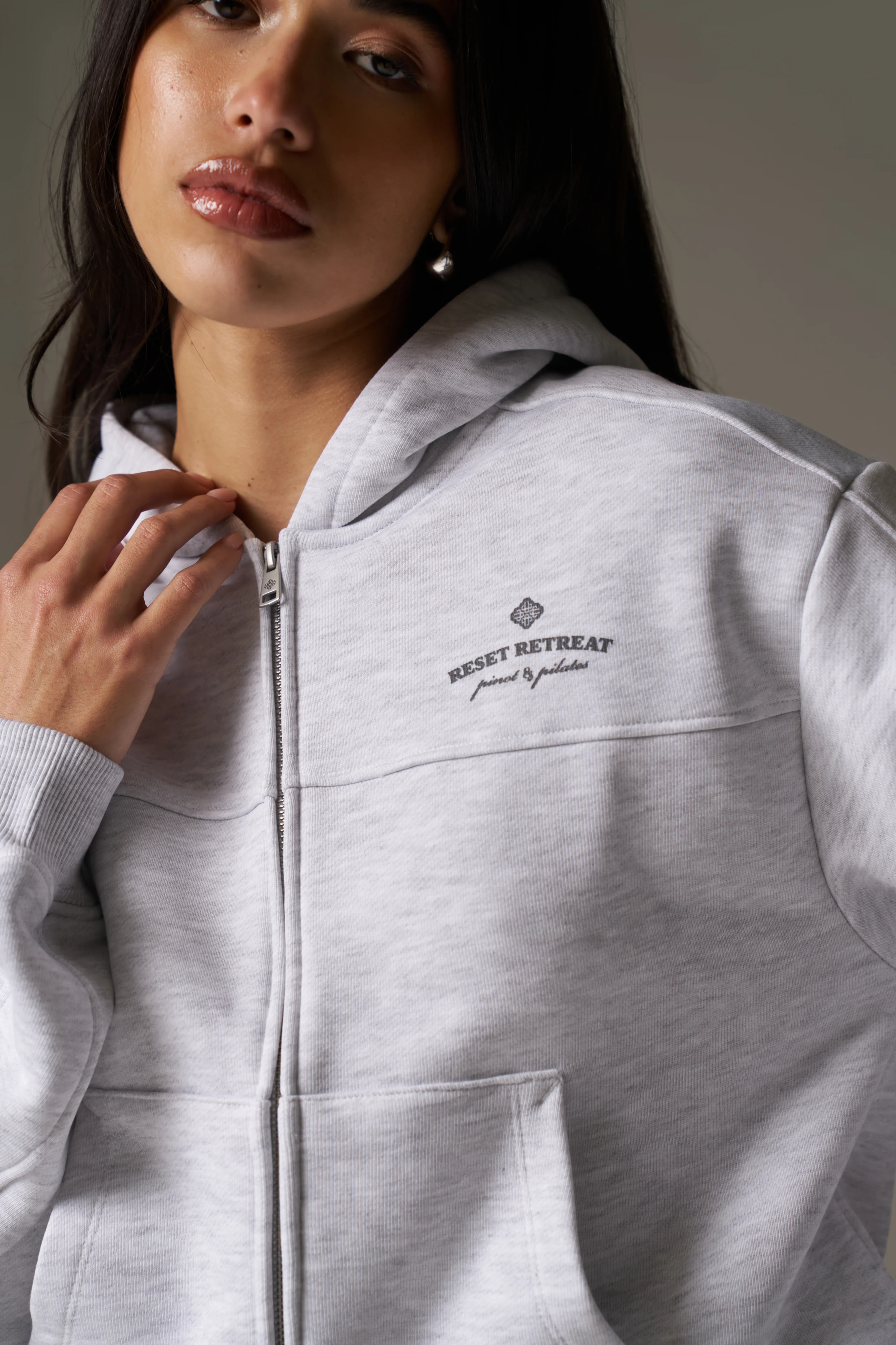 PILATES & PINOT ZIP THROUGH CROPPED HOODIE - GREY MARL - Image 4