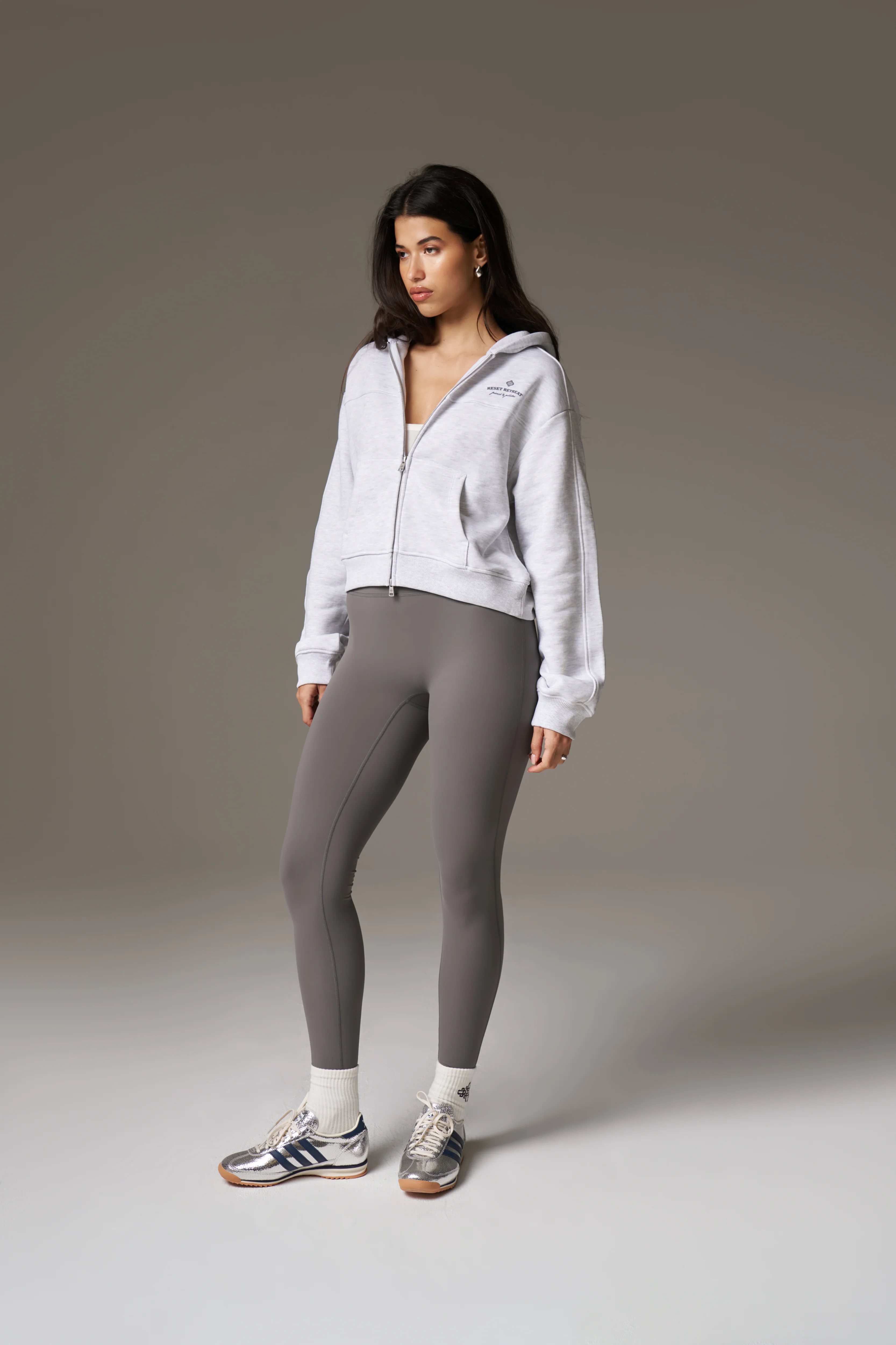 PILATES & PINOT ZIP THROUGH CROPPED HOODIE - GREY MARL - Image 8
