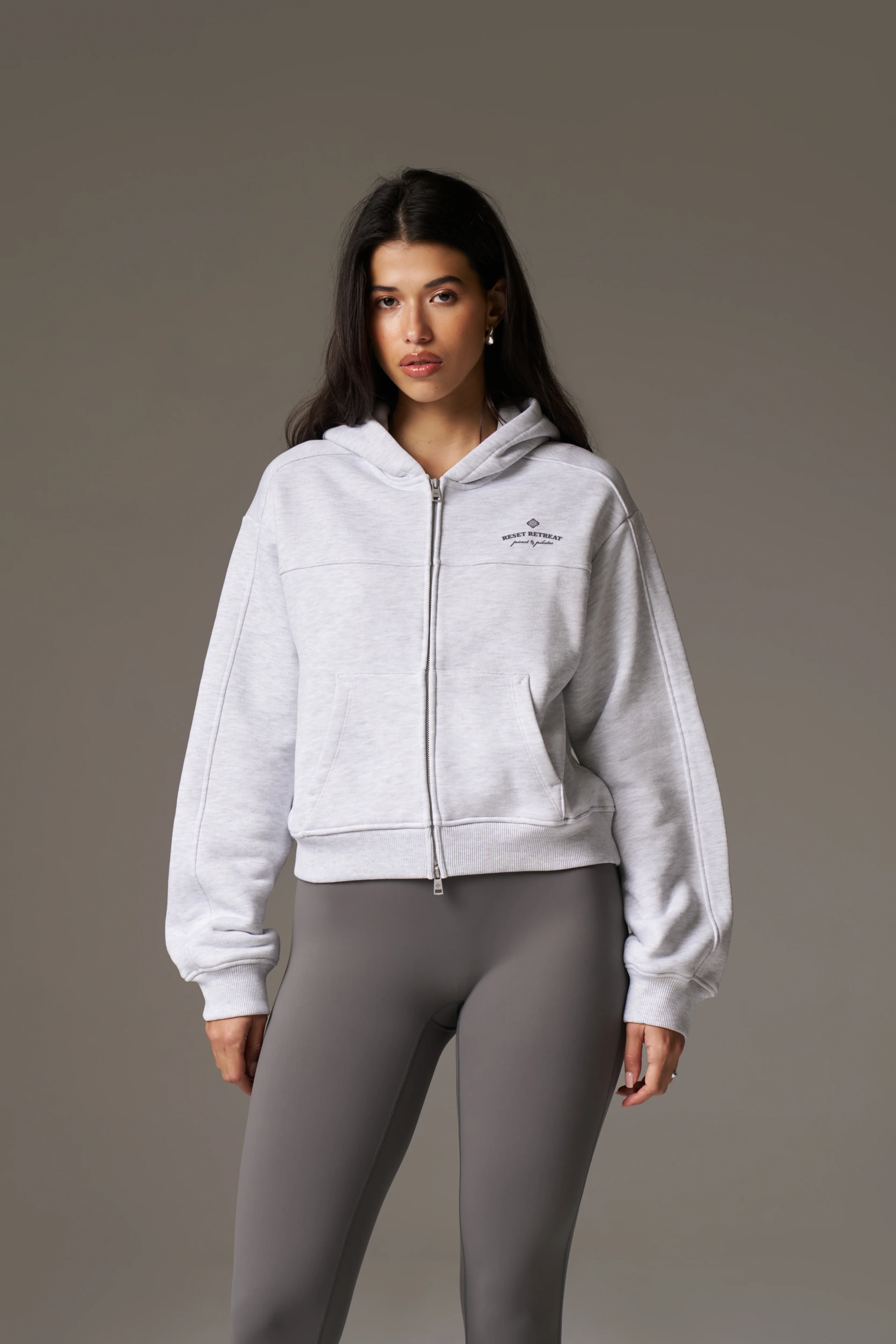 PILATES & PINOT ZIP THROUGH CROPPED HOODIE - GREY MARL - Image 9