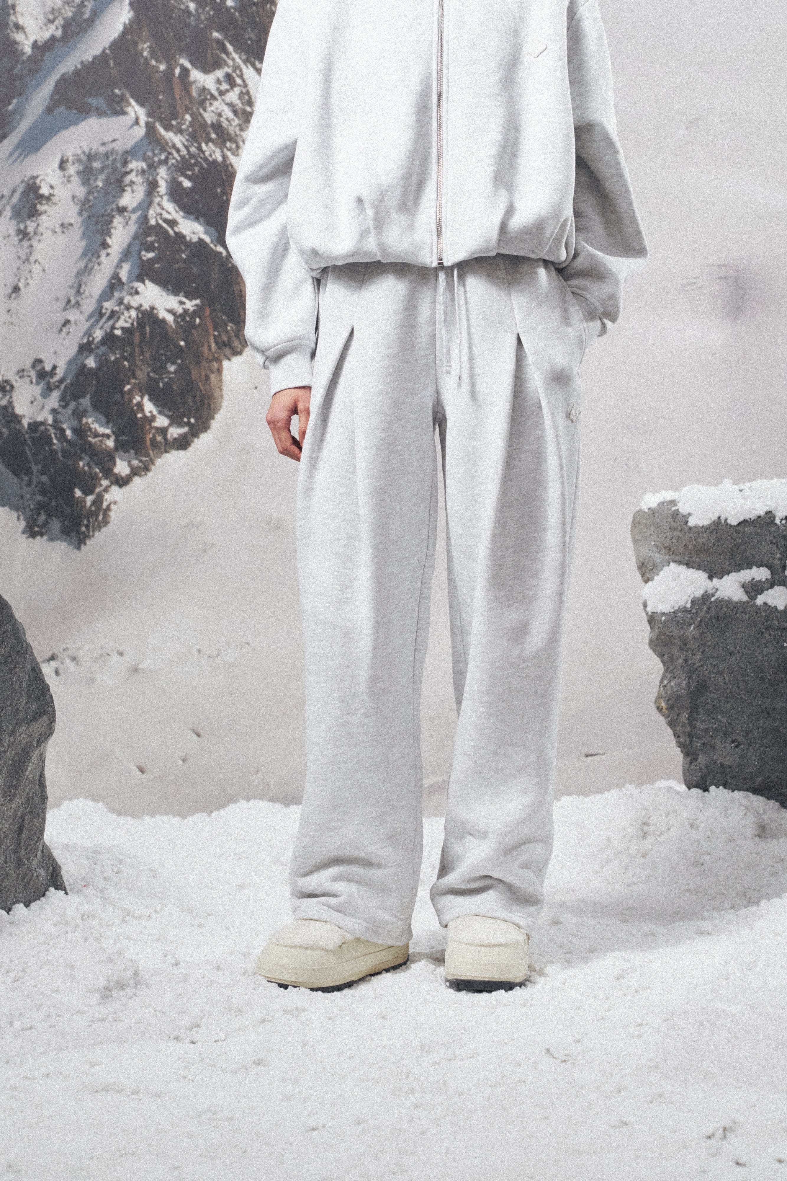 PLEAT DETAIL WIDE LEG JOGGERS - GREY MARL - Image 2