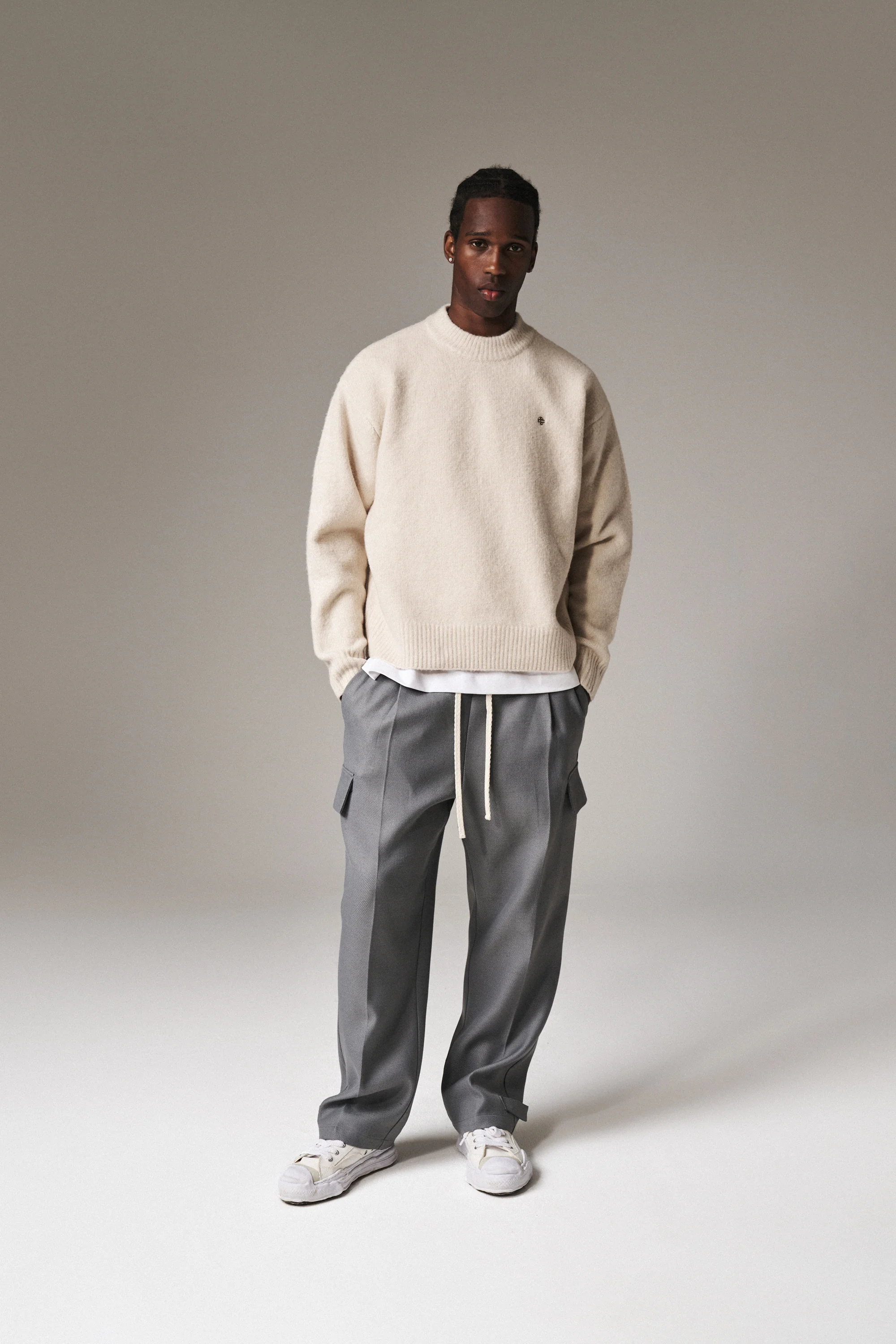 PLEATED WIDE LEG WOOL BLEND TROUSER - GREY - Image 3