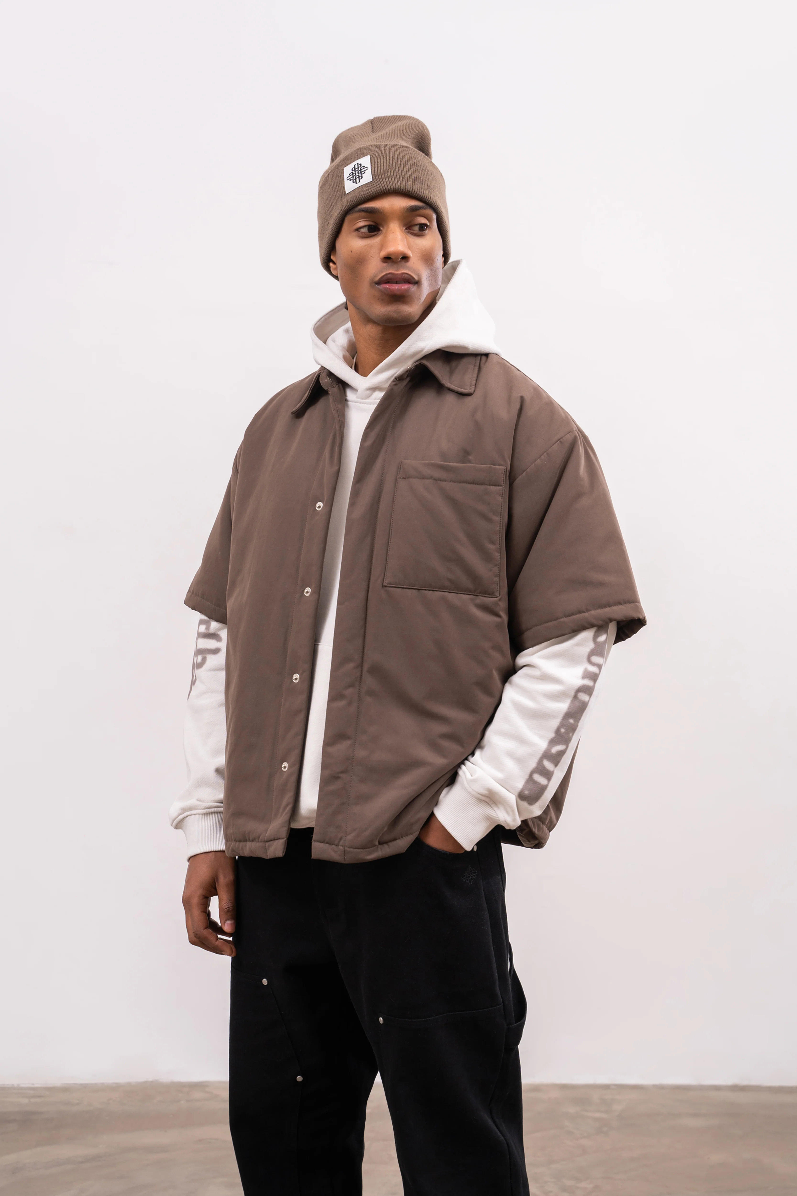 SHORT SLEEVE PADDED SHIRT - BROWN - Image 6